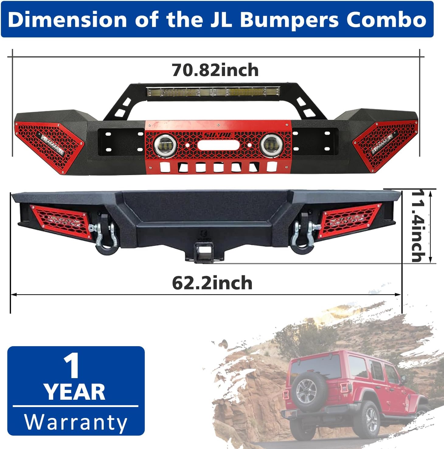 SUNPIE Front Rear Bumper Combo w/4inch RGBW Fog Lights+LED Lights Bar+D-Ring Compatible with Jeep Wrangler JL/JLU 2018-2026