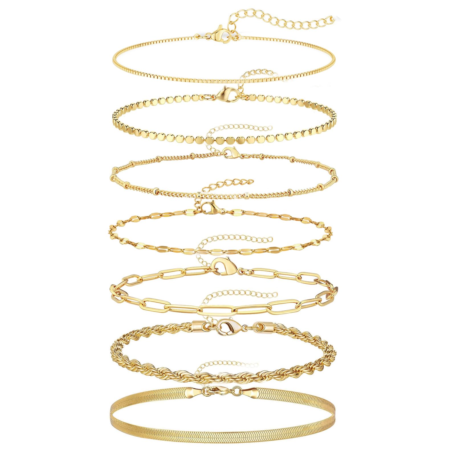 7 Pcs Pulseras Mujer Oro Minimalismo Brazalete, Ajustable Apilables Personalizada Joyas, Pulsera de Oro Joyería para Mujer, Regalos para Esposa Novia Mamá Navidad San Valentín Cumpleaños