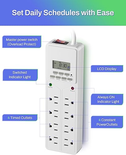 Miniatura 2 de BN-LINK Protector contra sobretensiones de 8 tomas con temporizador digital de 7 días (4 tomas de corriente temporizadas, 4 tomas siempre