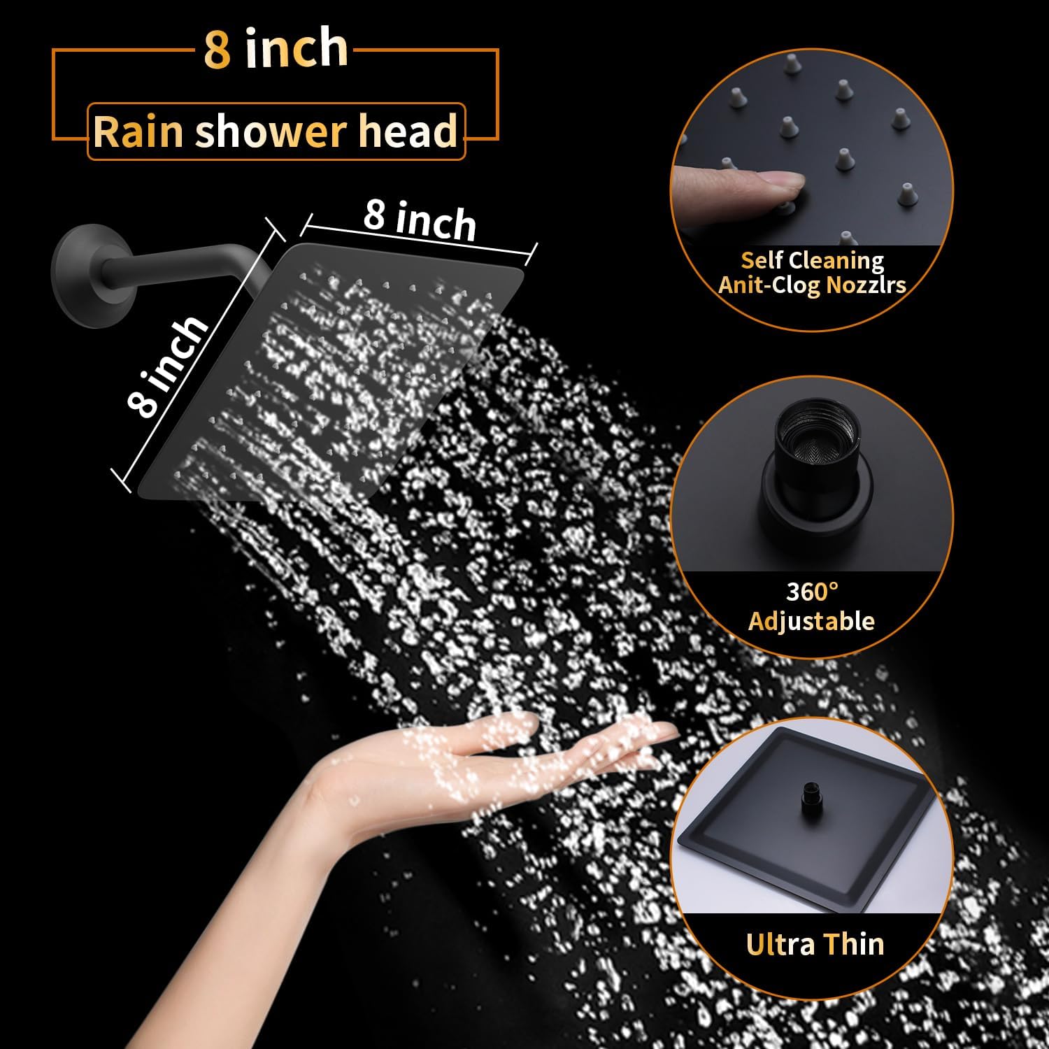 AYIVG Square 304 Stainless Steel 8 Inch Wall Mount Rain Shower head With Shower Arm And flange (Matte Black)