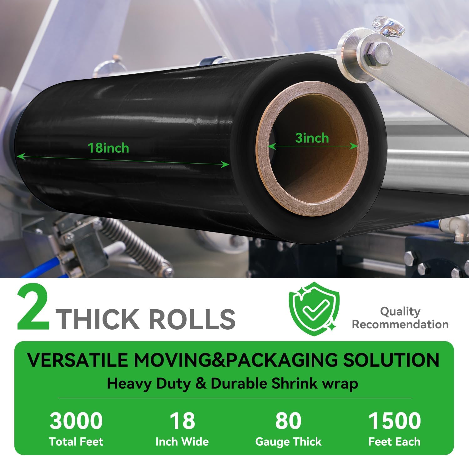 17.5"x1500ft Black Stretch/Shrink Wrap Roll - 80 Gauge Industrial Plastic Wrap for Moving, Heavy Duty 800% Stretch for Pallets, Packing, Shipping&Furniture Protection​ with Handles-2 Rolls