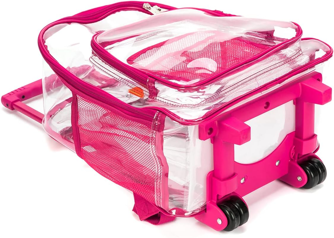 Rolling Clear Backpack Heavy Duty Bookbag Quality See Through Workbag Travel Daypack Transparent School Book Bags with Wheels Hot Pink