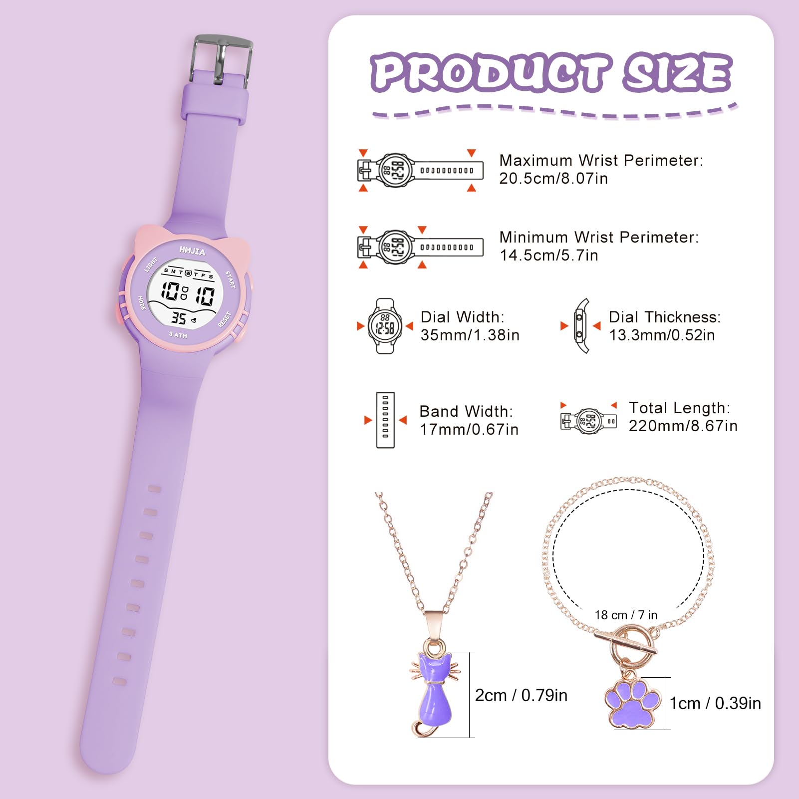 Reloj Niñas y Collares Set 3ATM Sumergible con Alarma Cronómetro Luz Correa Reloj Digital Niña con Correa de Cumpleaños para Niñas de 3 a 12 Años