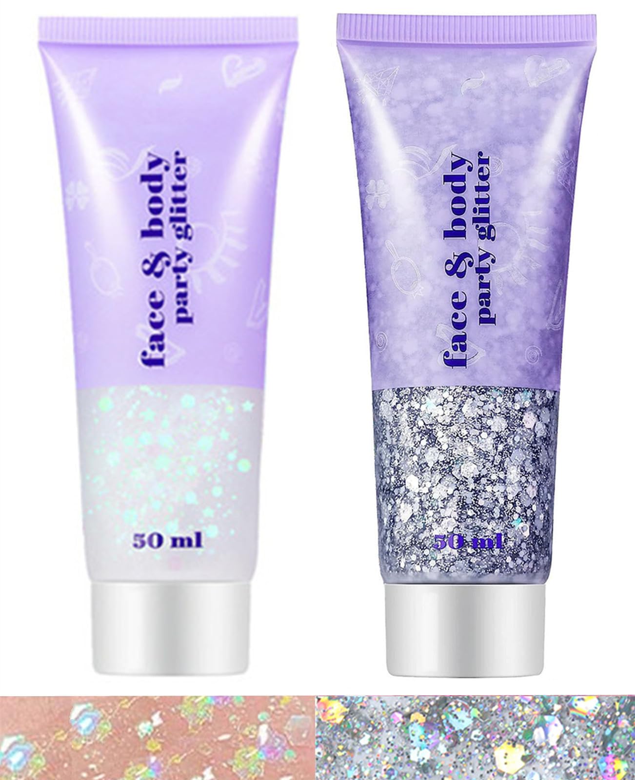 Go Ho Silver and White Body Glitter Set,Singer Concerts Face Glitter Gel Makeup,Holographic Long Lasting Chunky Sequins Glitters for Eye Lip Hair Nails,Festival Rave Accessories,Silver&White