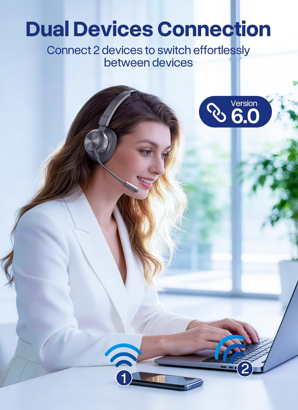 Bluetooth Headset with USB Dongle, Trucker Bluetooth Headset with AI Noise Cancelling Microphone & Mute Button, 50Hrs Single Ear Wireless Headphones for Truck Driver Phone Computer PC Office Work — view 4
