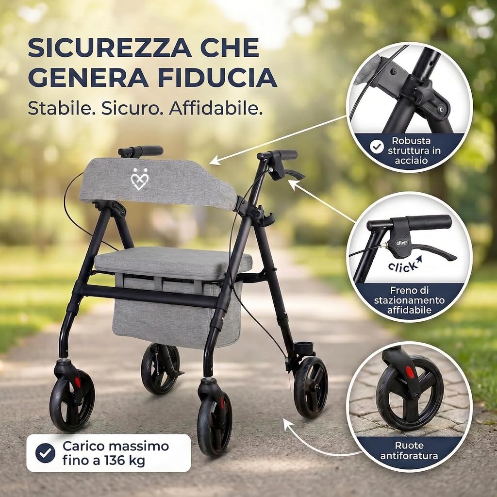 Deambulatore Rollator Pieghevole Leggero 9 kg con Seduta – Girello per Anziani in Acciaio, Borsa e Schienale Imbottito, Design Stretto per Interno ed Esterno