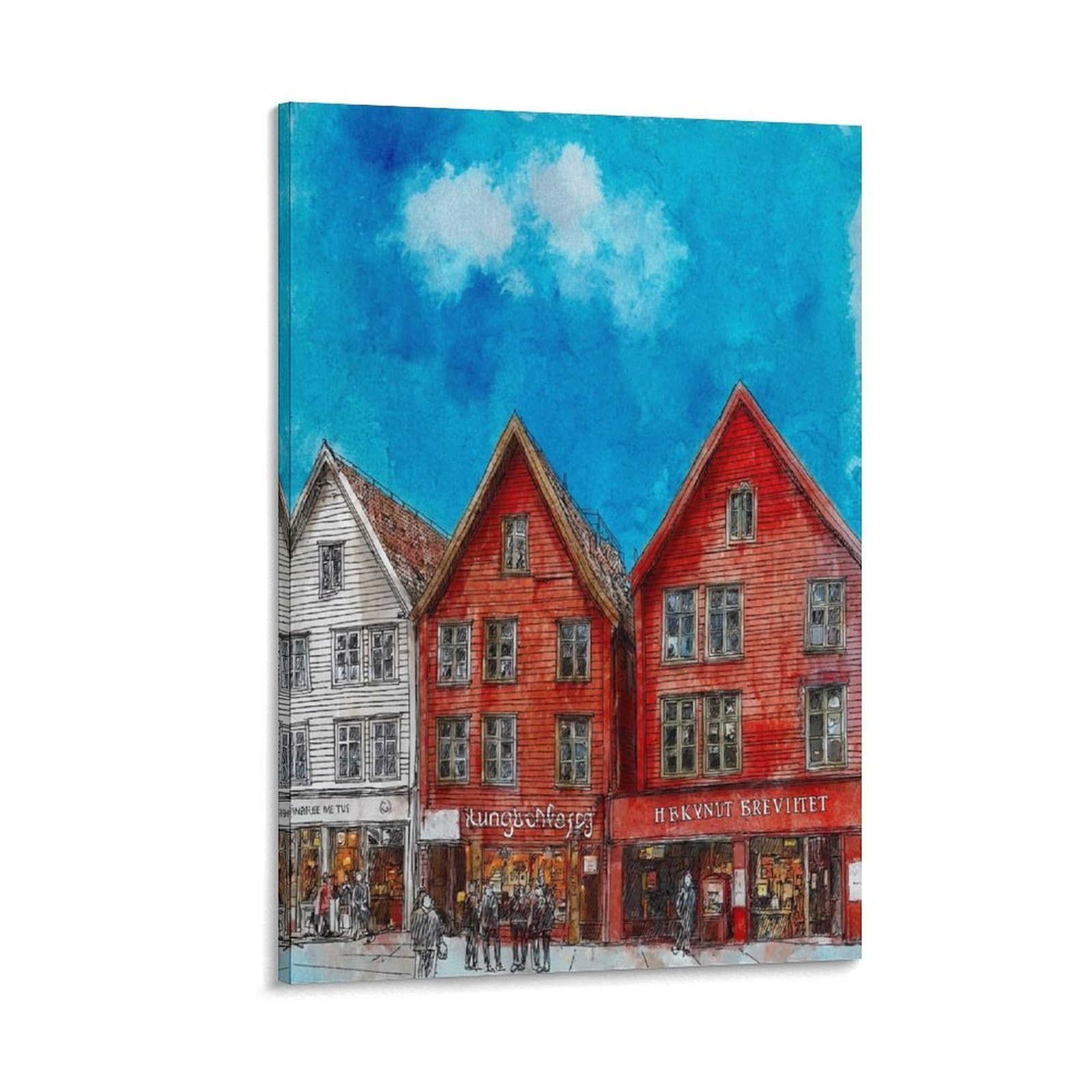 Lcynnh Frame-Style Bergen Norway 16X24inch(40X60cm) Vintage Travel Poster Watercolor Canvas Art