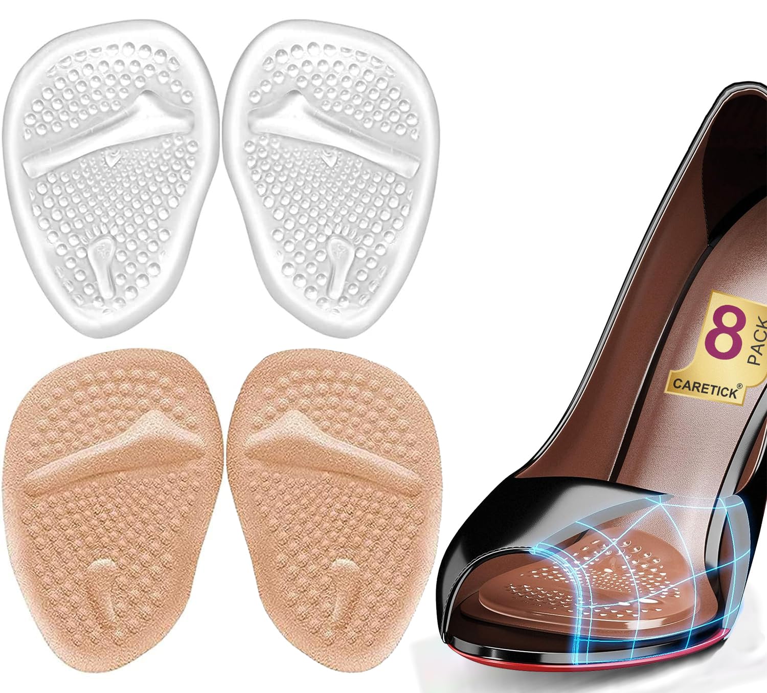 Metatarsal Pads, Ball of Foot Cushion Insert Gel Pads (8 pcs) Anti Slip High Heel silicon Foot Pads Shoe Pads Gel Inserts Pads for Men & Women (Pair-04) Multicolor One Size