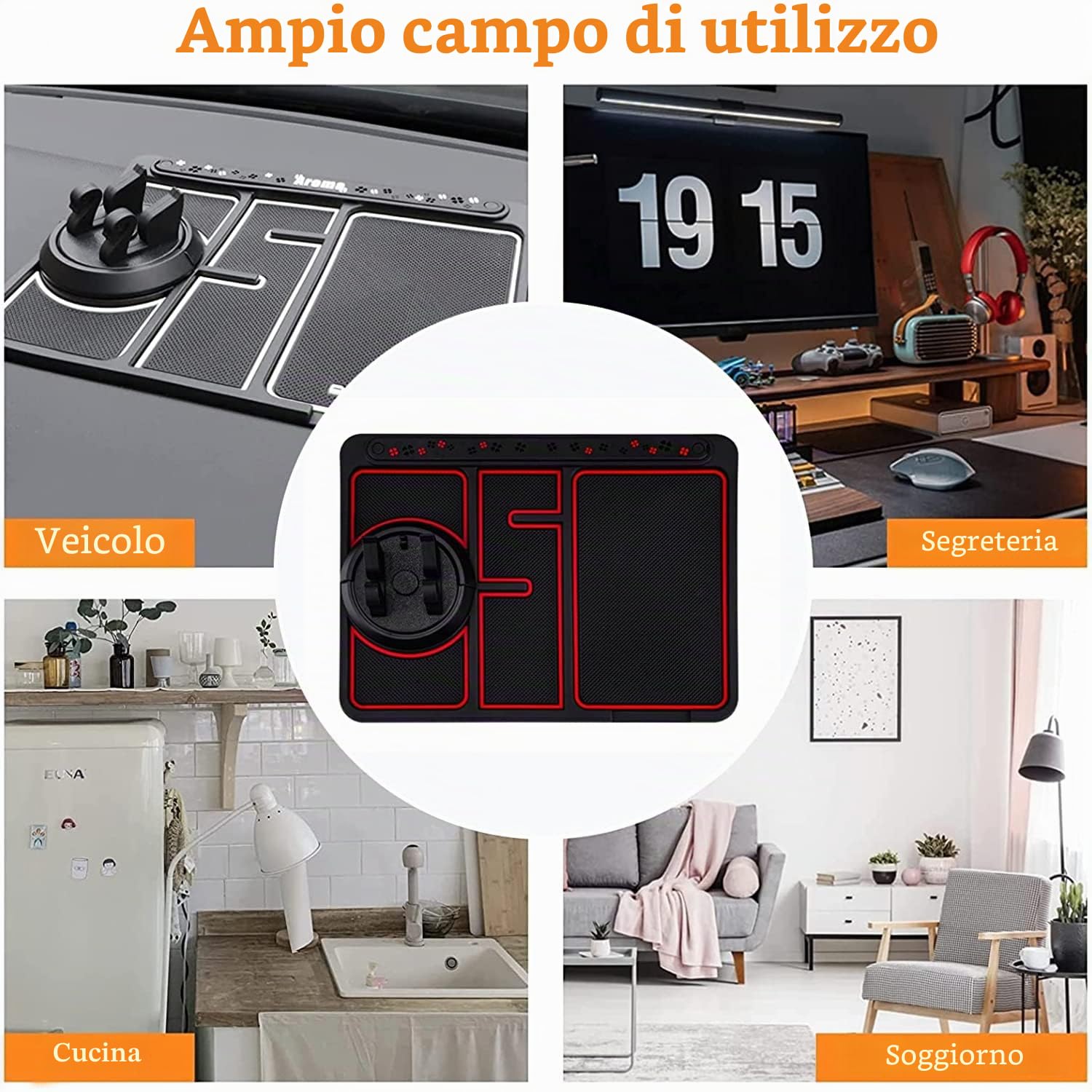 Tappetino per telefono antiscivolo per auto 4 in 1, tappetino per cruscotto auto, tappetino antiscivolo in silicone, tappetino antiscivolo per cruscotto auto multifunzionale, rotazione a 360 °