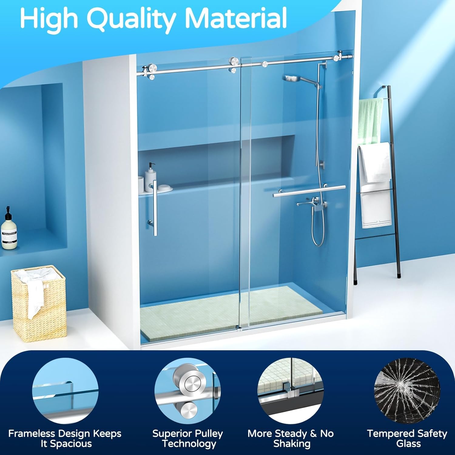 Shower Door 60" W x 74" H Frameless Sliding Shower Door, Shower Glass Door with 1/4 Inch Clear Tempered Glass, Explosion-Proof Film, Stainless Steel Hardware, Brushed Nickel