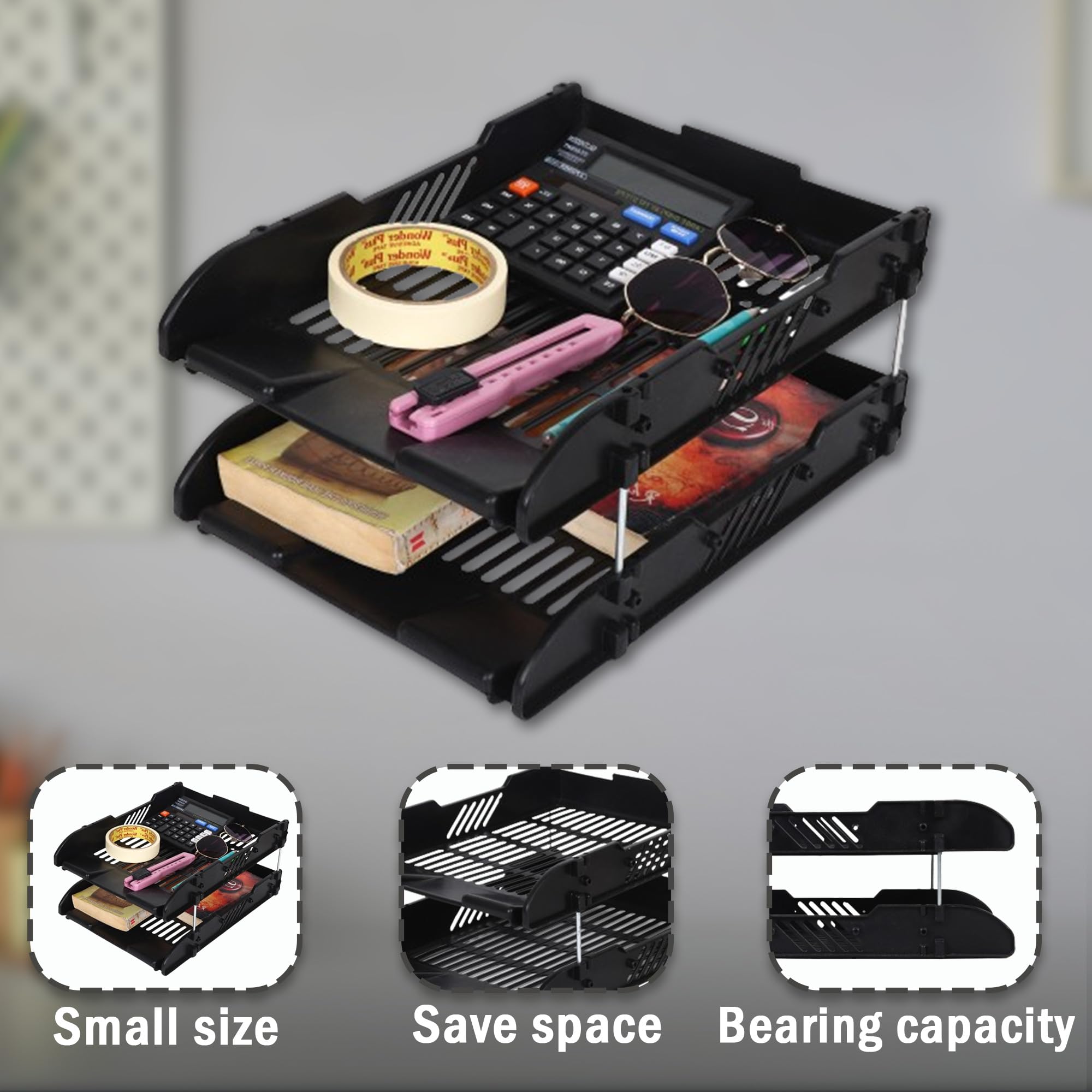 FRENYEAR Plastic Office Stationery 2 Layer Rectangular Plastic Office Files/Letter/Document Desk Organizer File Tray, Basket (2 Layer Black) 1