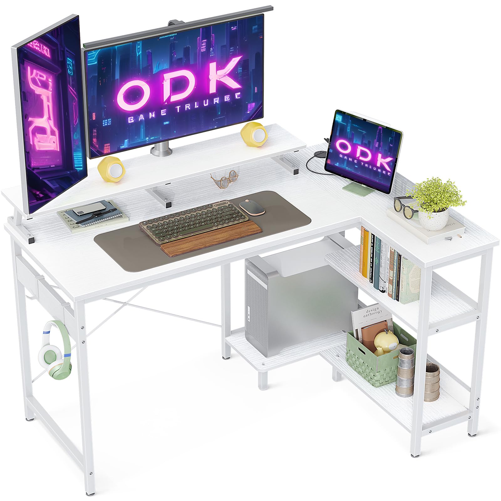 ODK Small L Shaped Desk, 120 x 80 cm Corner Desk with Reversible Storage Shelves, Gaming Desks with Monitor Stand and PC Stand for Home Office, Computer Desks with Headphone Hooks, White