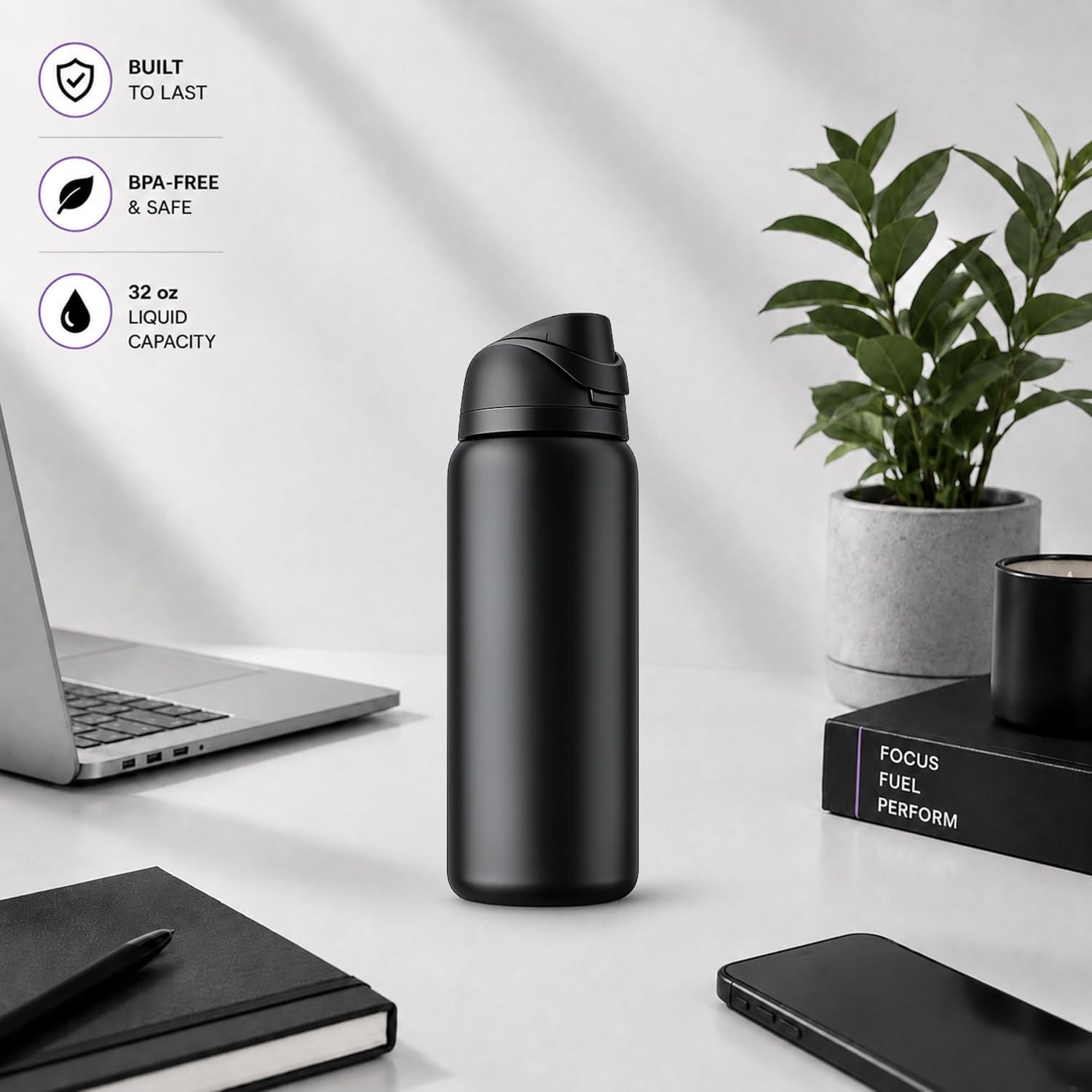 32oz Vacuum Insulated Water Bottle – Keeps Drinks Cold 24H & Hot 12H, Leakproof Stainless Steel Bottle with Flip Lid & Carry Handle, BPA-Free for Gym, Travel & Daily Use