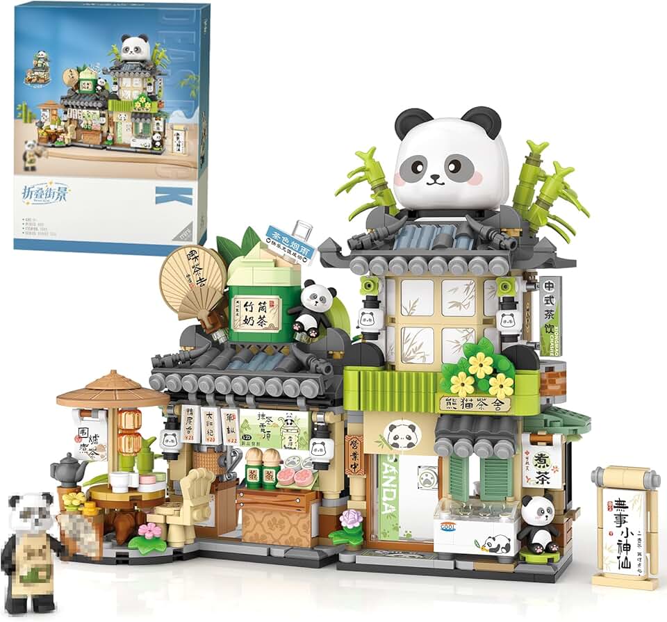 MEIEST Mini City Shop Street View Building Blocks Model Set,Simulation Animals Architecture Collection Particle Construction Building Bricks Toy,Home Decoration (Panda Tea House)
