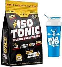 Wild Buck Isotonic Instant Energy Drink Formula, Extended Workout Electrolyte Drink with Anabolic Stack 2:1:1 BCAA, Dextrose Monohydrate | 833mg Electrolytes [32 Servings, Orange Flavor] Free Shaker