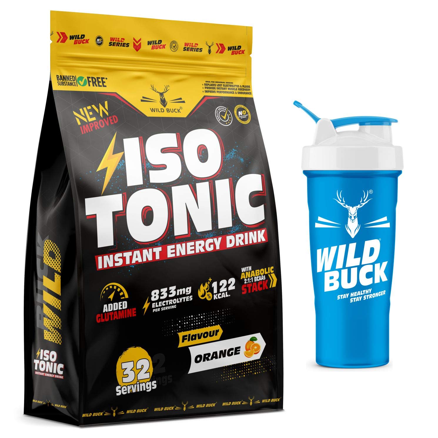 Wild Buck Isotonic Instant Energy Drink,Extended Workout Electrolyte Drink with Anabolic Stack 2:1:1 BCAA,Dextrose Monohydrate|833mg Electrolytes[32 Servings,Orange Flavor]Free Shaker,1000 grams
