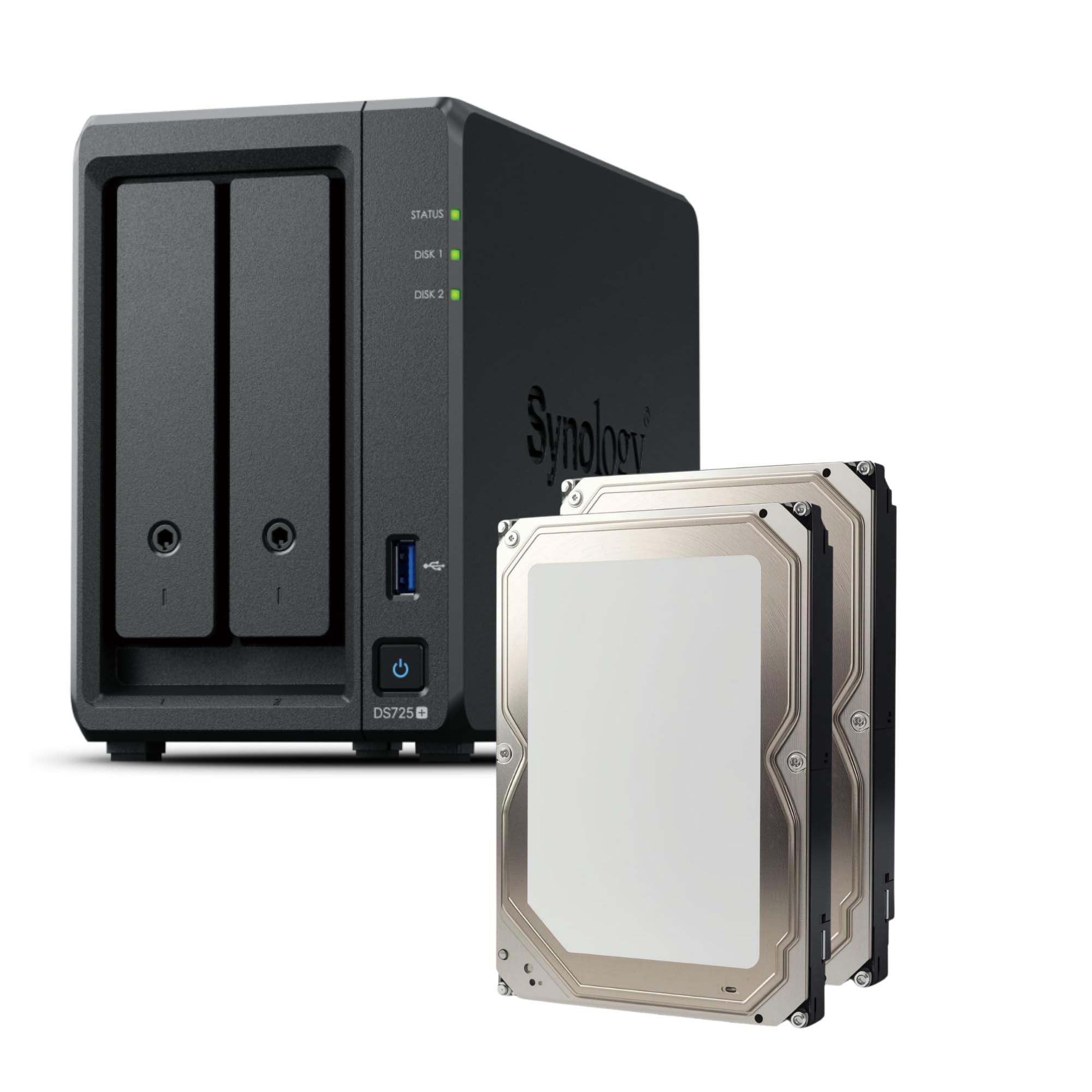 Synology DS725+ 28TB Bundle 2X 14TB dyski twarde 2 Bay Plus seria z Ryzen R1600, 4 GB RAM (32 GB maks.), 1 x 2,5 GbE, 1 x 1 GbE, 2 x gniazda M.2 NVMe. Rozszerzenie DX525 dostępne za pośrednictwem typu