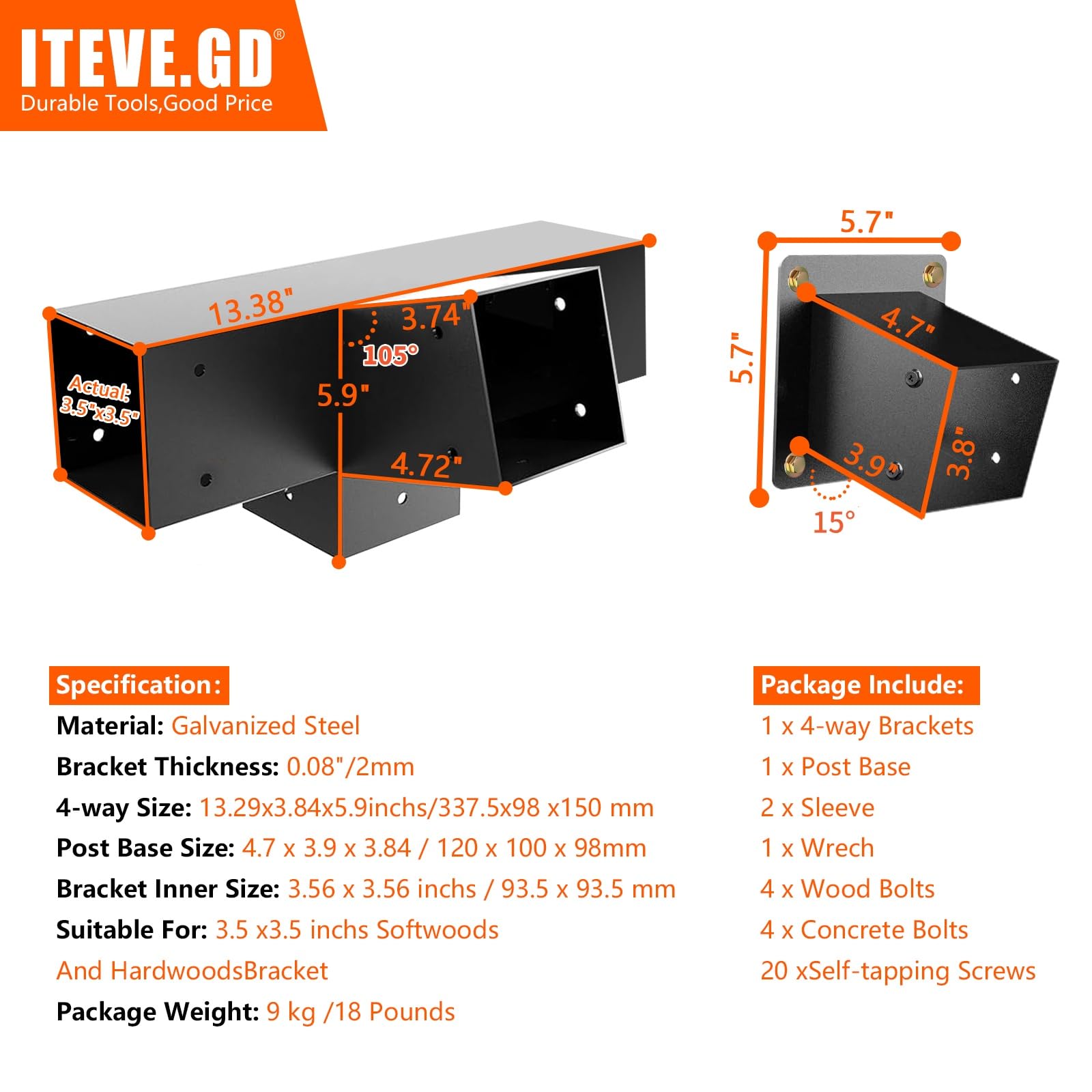 Kit di staffe per pergola a tetto inclinato a 15°, staffa angolare a 4 vie ad angolo retto con base per montaggio a parete per 4 x 4 (attuale: 8,9 x 8,9 cm) legname per pergolati, gazebo,