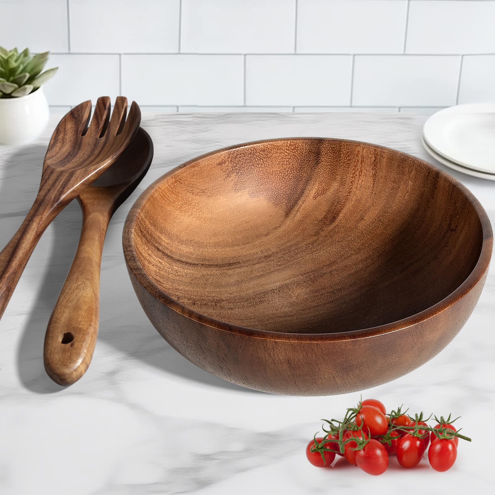 Cuenco Redondo de Madera de Acacia, Ideal como Ensaladera | Cuenco para Mezclar,Frutero o Cuenco para Pan,Diámetro de 23,7cm,Utensilios de Cocina, Perfecto para Cocina, Picnic y Fiesta
