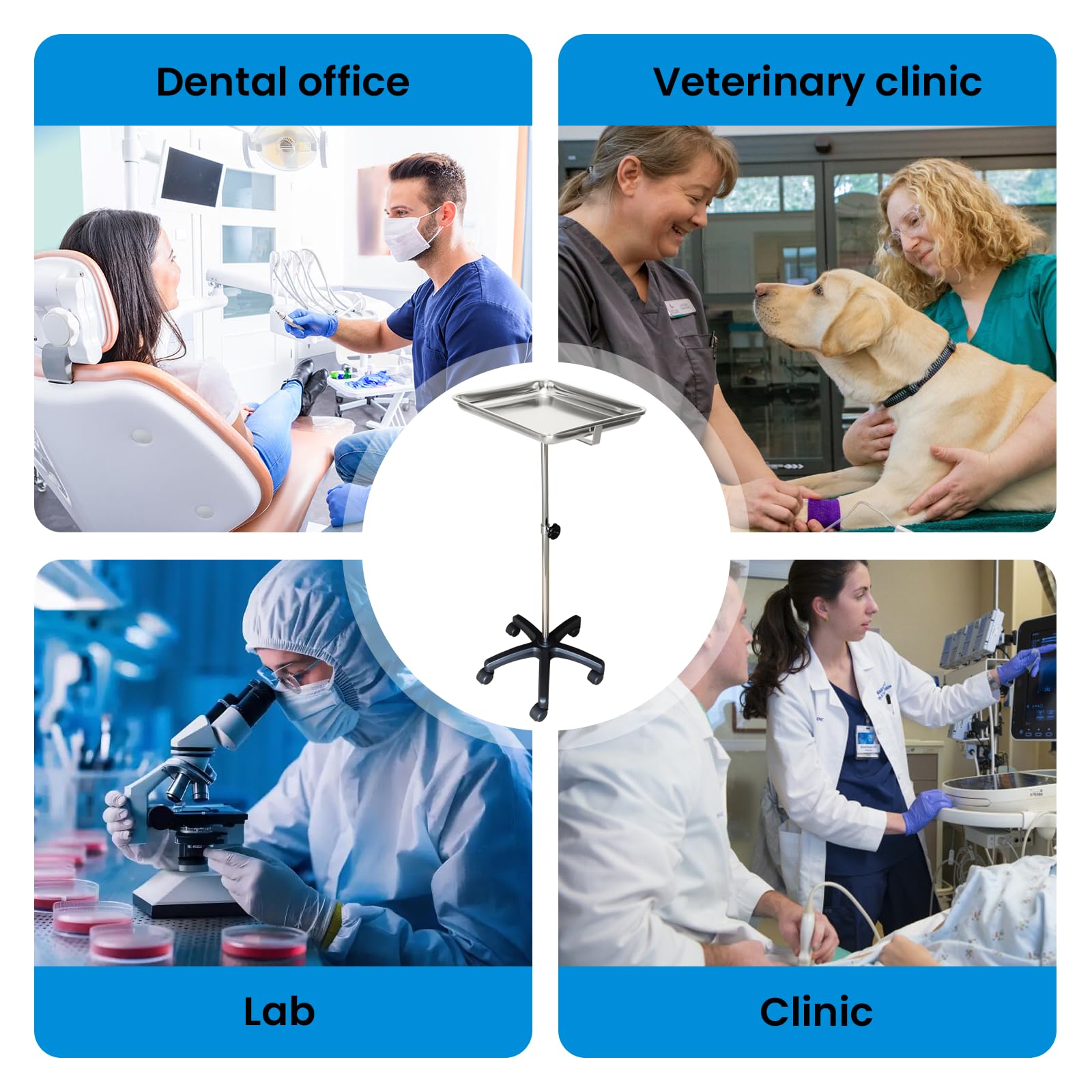 Soporte para instrumental Mayo con base de ABS reforzada, mesa móvil con bandeja y ruedas para clínicas dentales, veterinarias y de mascotas, altura ajustable de 30 a 50, carro de servicio de acero in