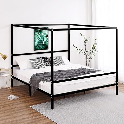 Miniatura 8 de Bonnlo Marco de cama con toldo negro tamaño matrimonial con cabecero, plataforma de metal de 10 pulgadas con 4 carteles, no necesita somier