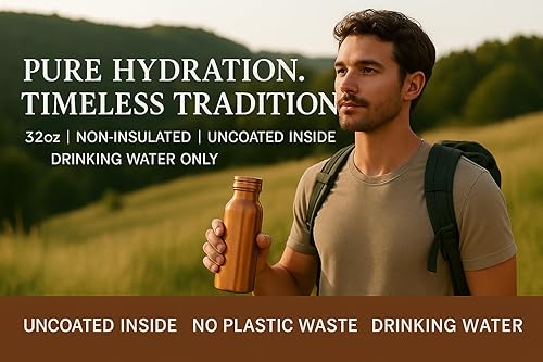 Miniatura 2 de Botella de agua de cobre puro de 32 onzas para beber, beneficios para la salud ayurvédica, recipiente de agua de cobre hecho a mano, diseño a prueba