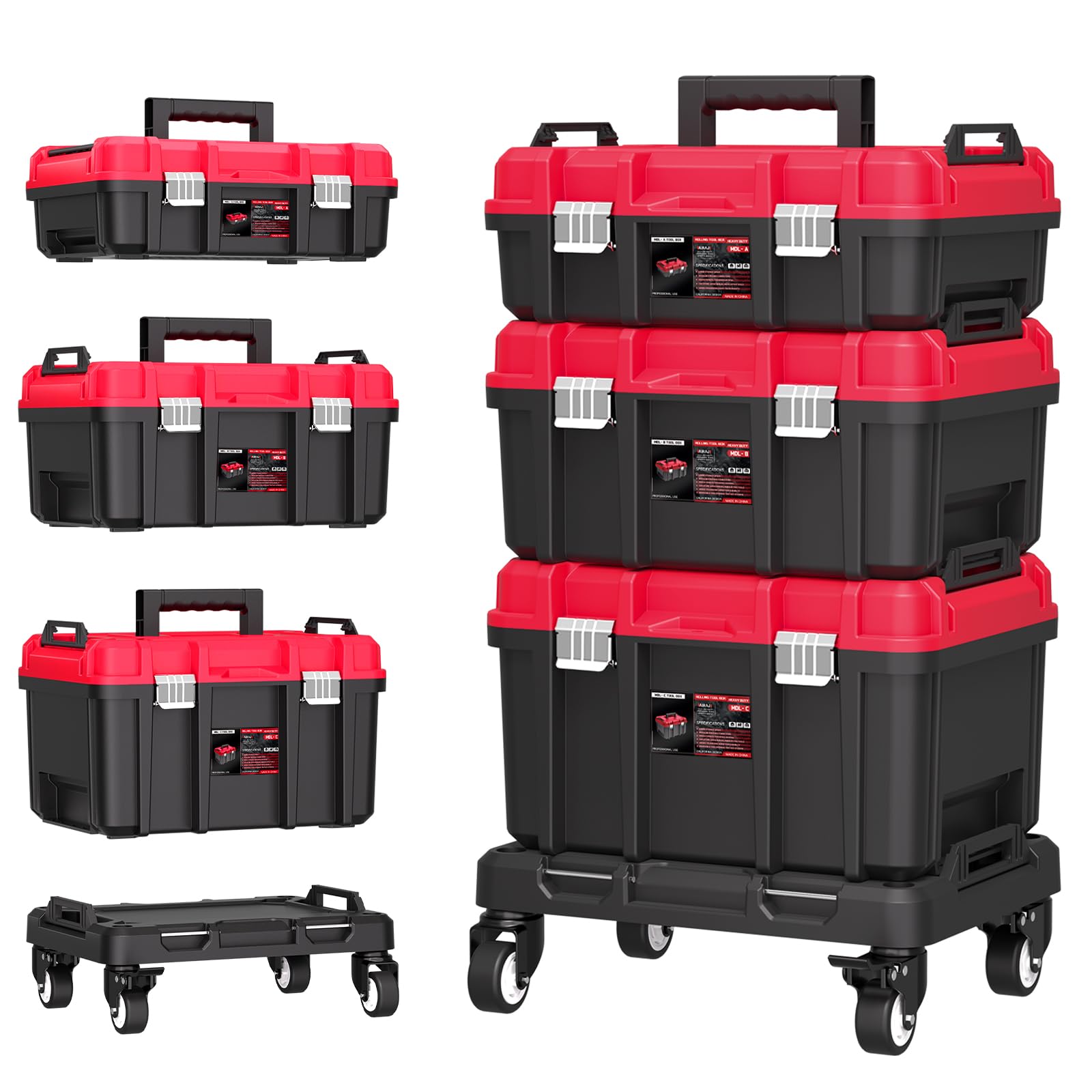 AIRAJ 3 Tier Stackable Tool Box, Lockable Tool Boxes with Detachable Small Parts Box, 360° Lockable Wheels, Waterproof Tool Case for the