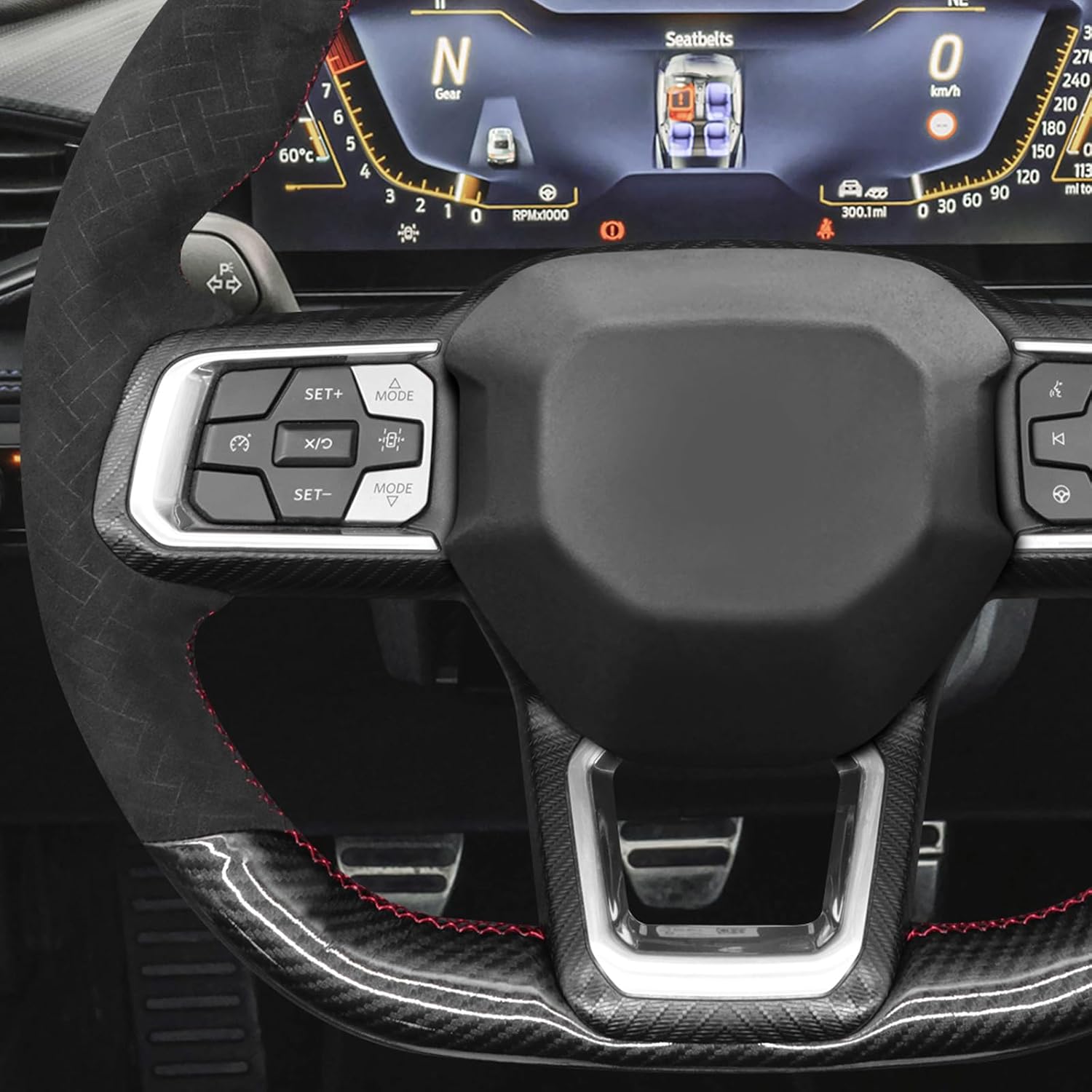 MEWANT Hand Stitch Black Shiny PU Carbon Fiber Woven Embossed Athsuede Steering Wheel Cover for Ford Mustang 2024