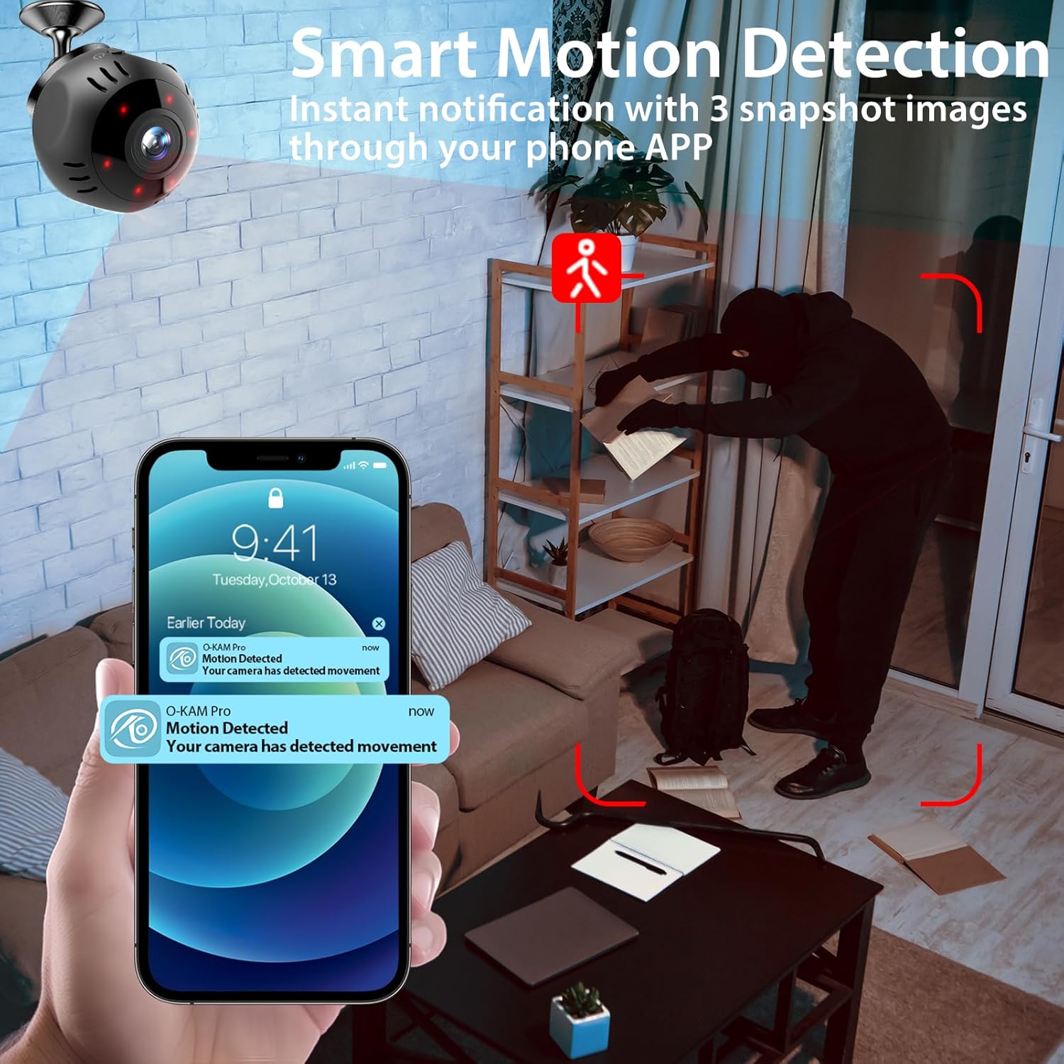 Smartphone displaying a motion detection notification from the O-KAM Pro app, with a background image of a person in a room, indicating movement has been detected by the camera.