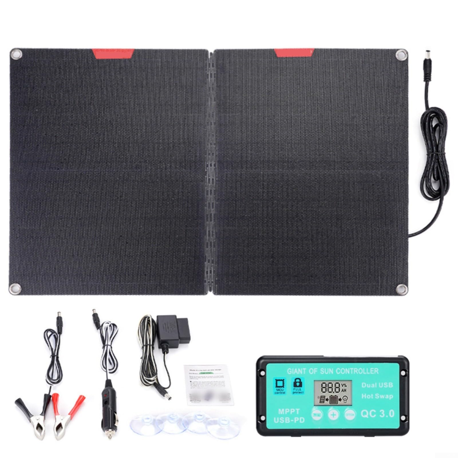 60W Faltbares Solarpanel Kit mit ETFE-Oberfläche und Laderegler, tragbarer Sonnenkollektor für Camping, für wohnmobil und Outdoor, 12V Aufladung mit Krokodilklemmen und OBD-Anschluss(D)