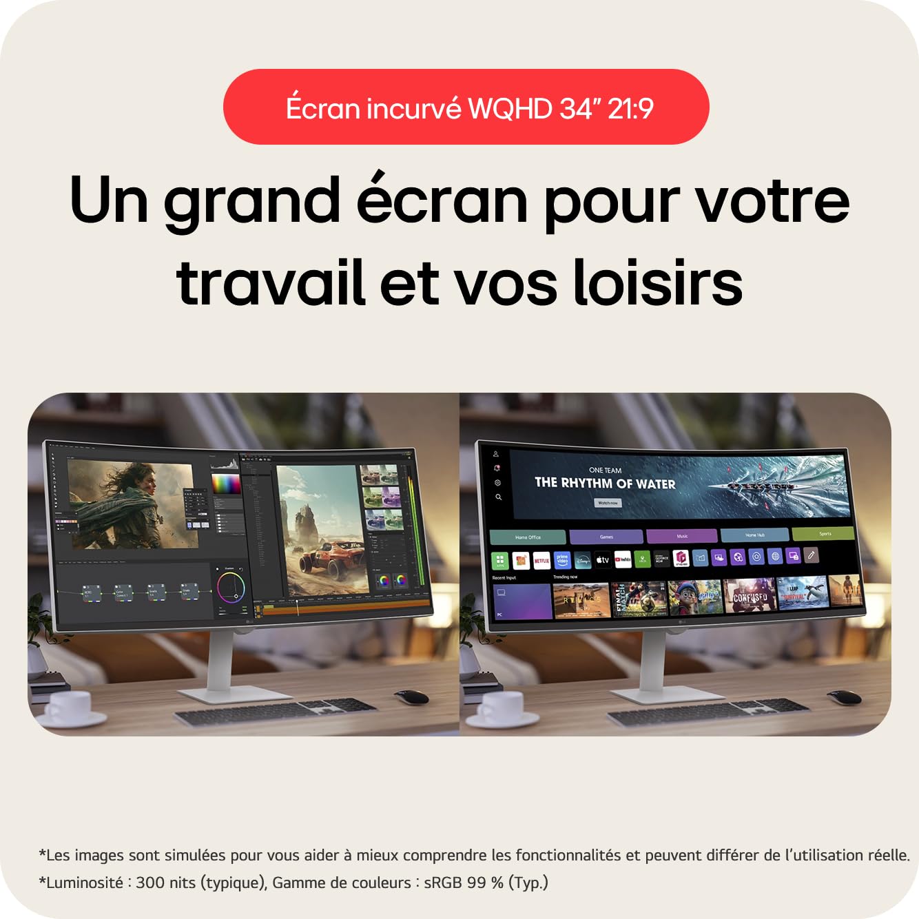 LG Smart Monitor 34U601SA-W 34 Pouces incurvé - Dalle VA résolution QHD (3440 x 1440), 5ms GtG 100Hz, HDR 10, sRGB 99% (CIE1931), inclinable