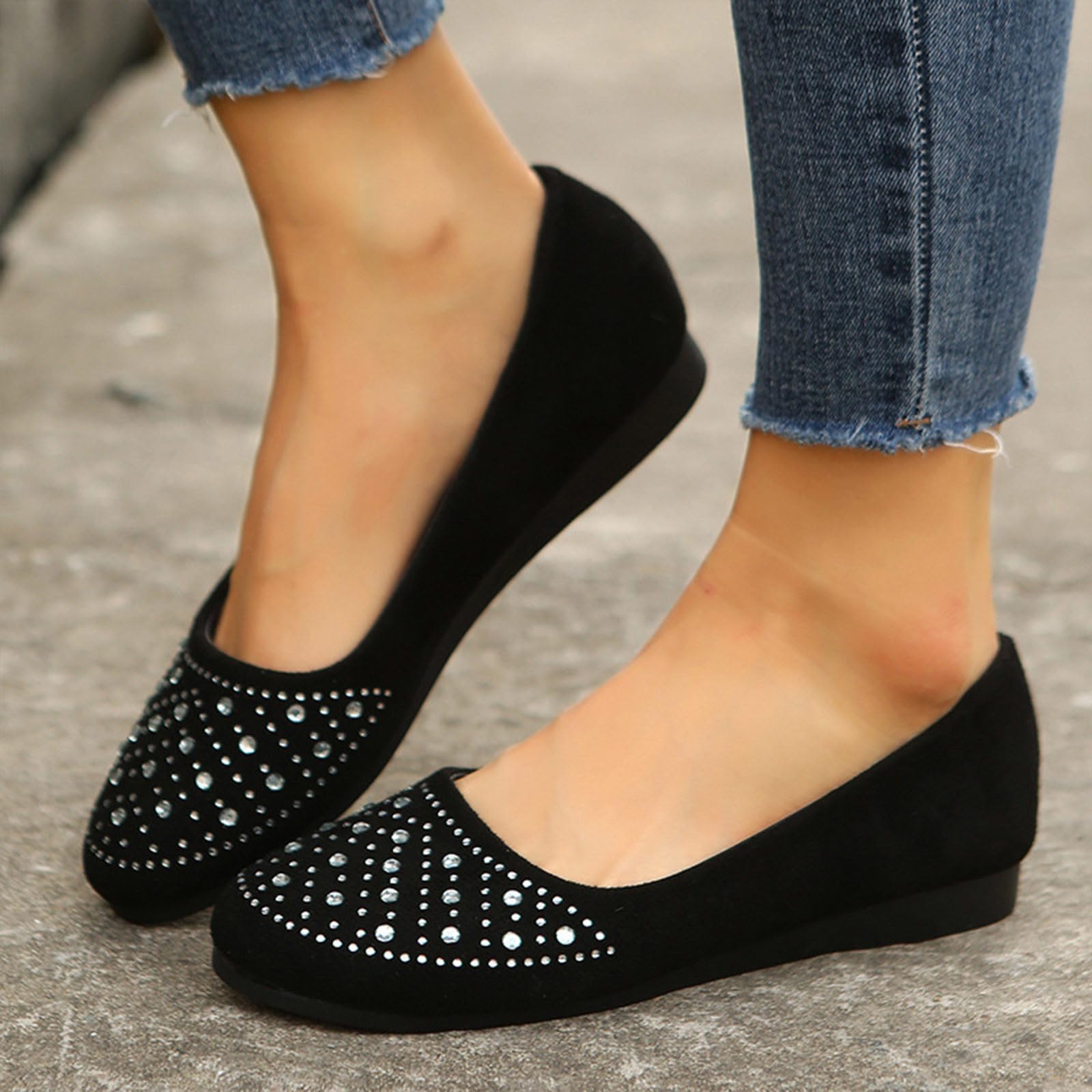 Women Rhinestone Round Toe Flats Soft Comfortable Arch Support Flats Memory Foam Insole Cushion Slip On Ballet Shoes — view 2