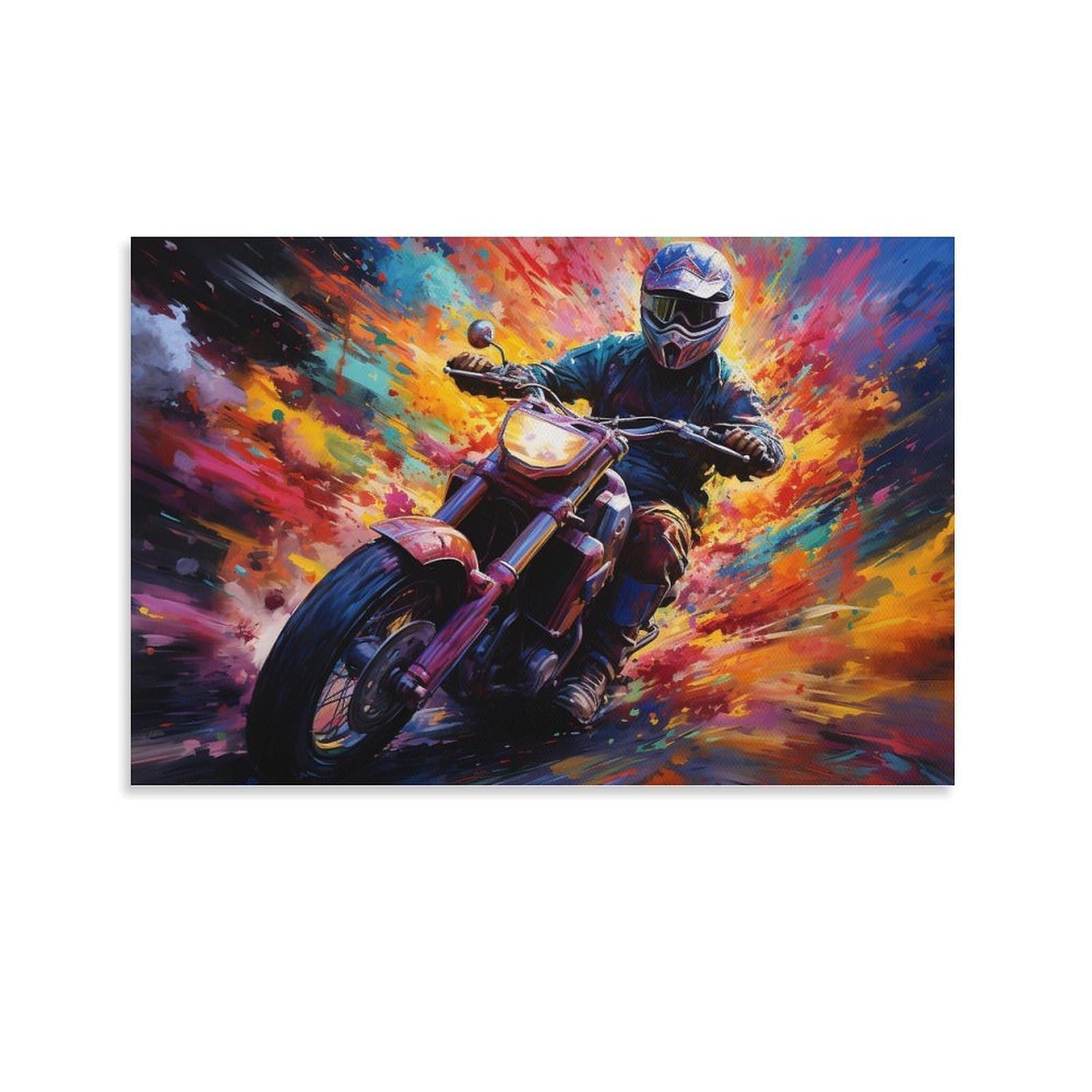 CPLVKWRQJ Bright Magical Colorful Single Piece Motorcycle Rider Paint Explosion Framed Canvas Print - Bedroom Statement Piece Easy to Clean Ready to Hang 16x24inch(40x60cm)