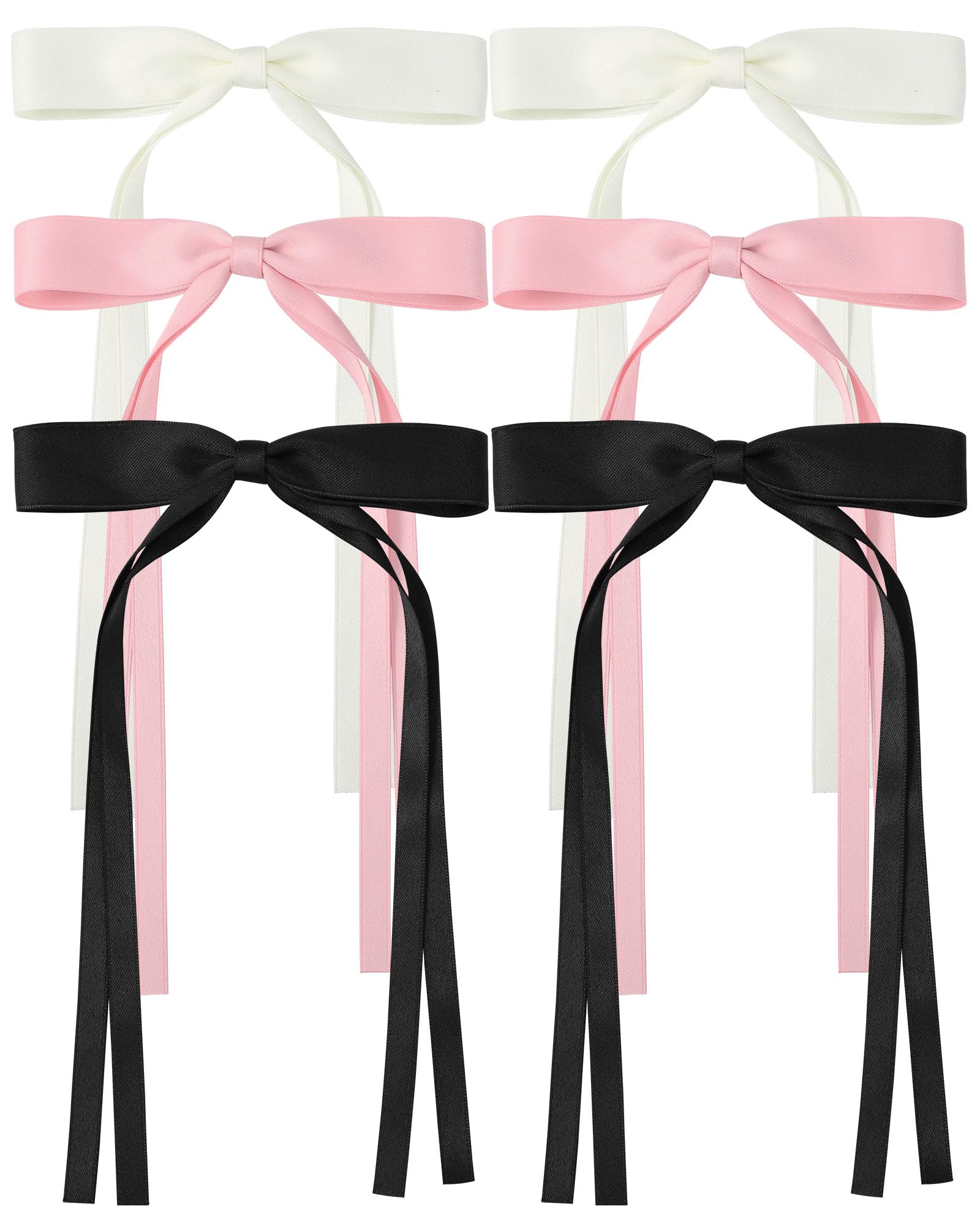 AWAYTR Silky Satin Hair Bow Clip, 3 Pack - Pink, Beige, Black (Long tail, Hair Accessory, Hair Securing, Women, All Ages, Hair Clip) Pink*2/Beige*2/Black*2(Long tail)