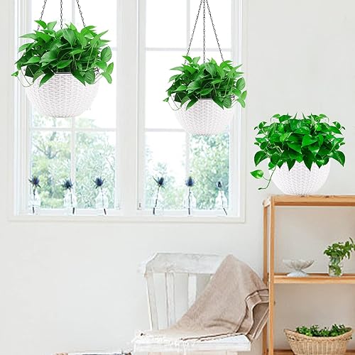 Miniatura 7 de Foraineam Paquete de 2 macetas colgantes con diseño de doble maceta, riego automático para interiores y exteriores, macetas colgantes con escurridor