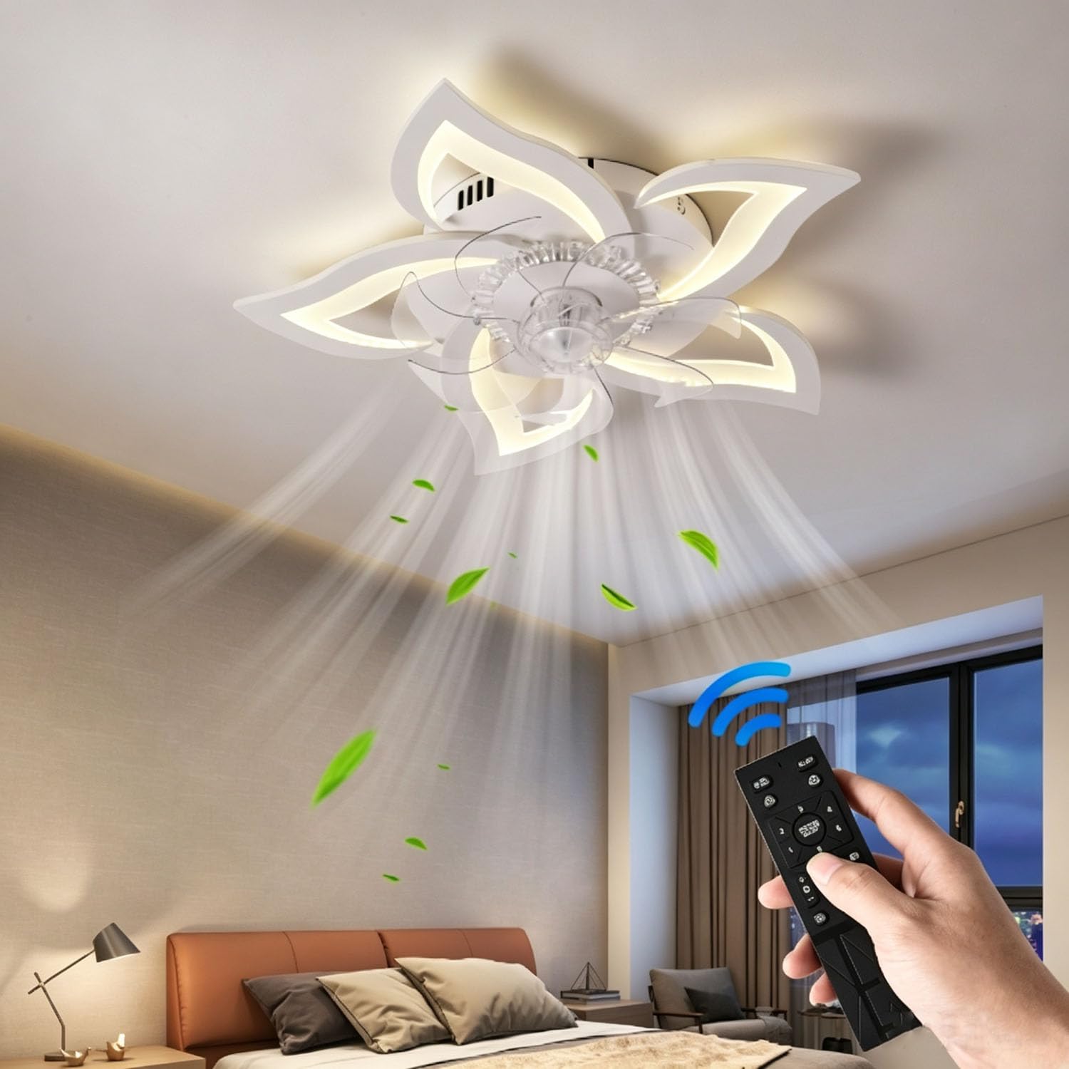 Piptyllite Modern Low Profile Ceiling Fan Light with Remote, Dimmable LED for Bedroom Living Room,White