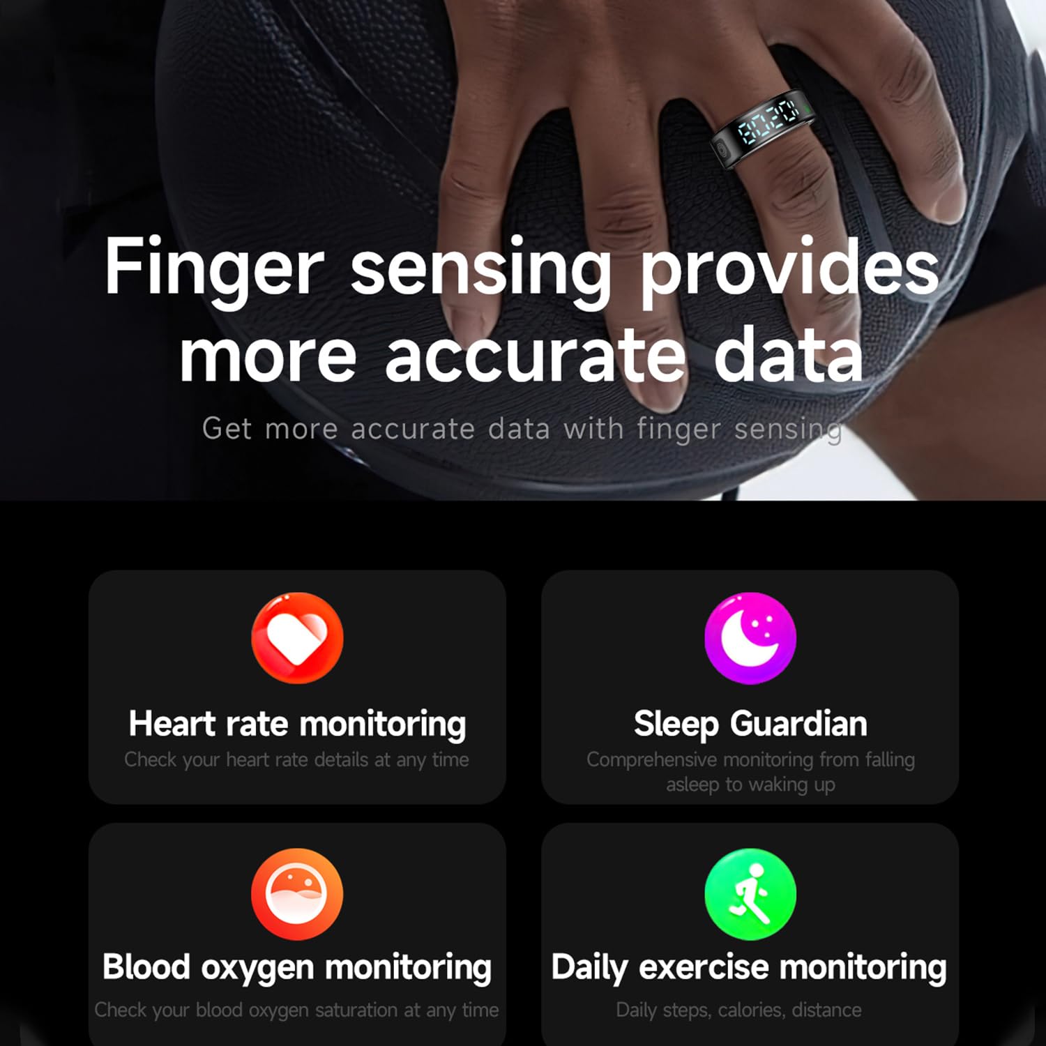 LONGLU Anillo Inteligente Unisex con Pantalla LED, Tracker Deporte Frecuencia Cardíaca/Oxígeno Sangre/Sueño/Deporte 5ATM Impermeable, Monitor Salud para iPhone y Android (Negro, 10)
