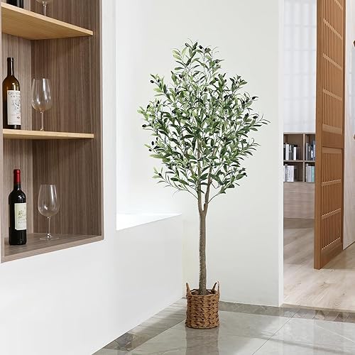 Miniatura 4 de SOGUYI Árbol de olivo artificial de 5 pies de alto, árbol de olivo sintético de seda topiario con maceta tejida a mano, plantas de suelo