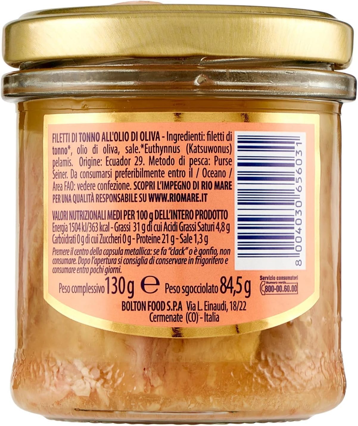 Italian Gourmet Bundle 12 x 130 g, filets de thon Rio Mare à l’huile d’olive, thon en bocal en verre, thon premium travaillé à la main, lot de 12, poids total 1,56 kg + Italian Gourmet Polpa