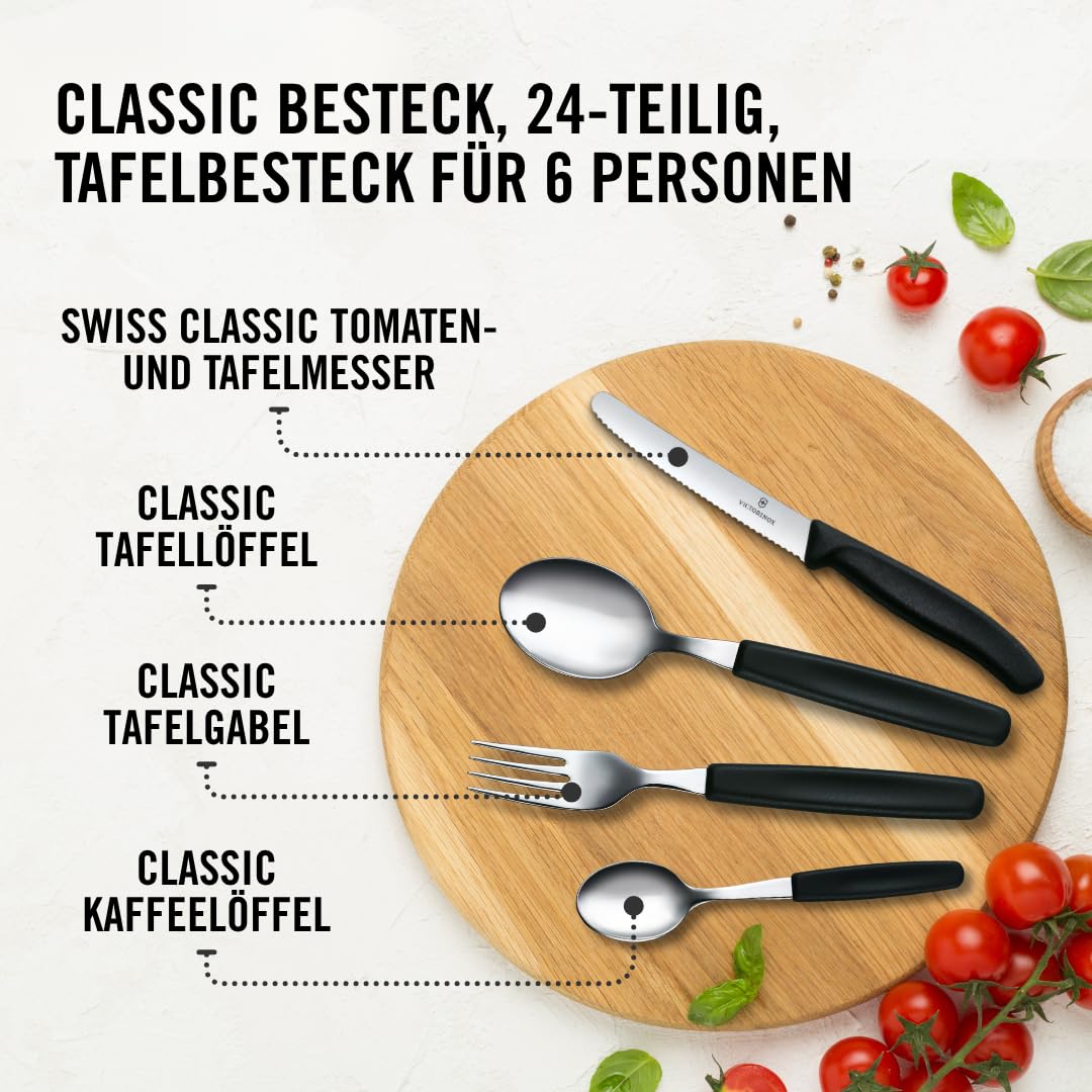 Victorinox Classic, Profi Tafelbesteck, 24-teilig, Extra Scharfe Klinge, Wellenschliff, 11 cm, Rostfreier Stahl, schwarz