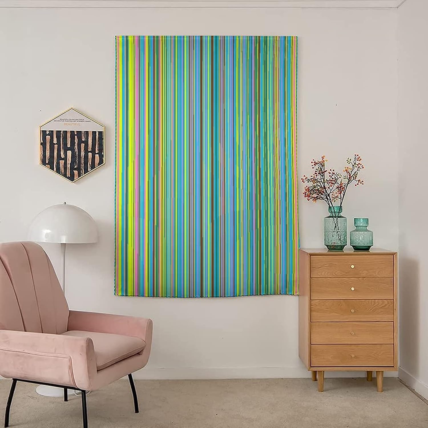 XISUNYA Self Adhesive Portable Blackout Curtains, Retro Room Darkening Curtains, Stripe Pattern with Bright Colors Print Temporary Blackout Blinds,47W x63L Inches, for Bathroom Living Room Bedroom
