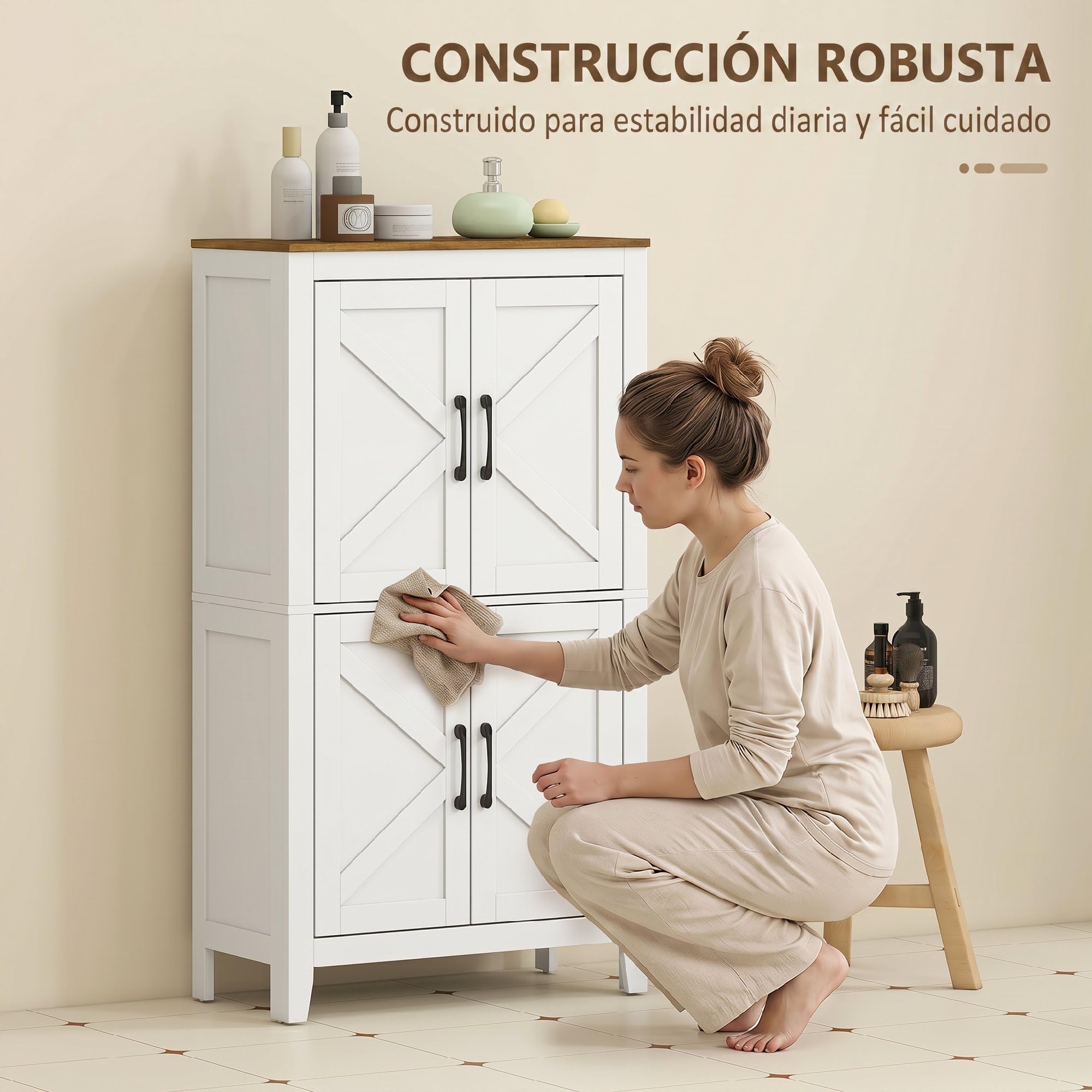 HOMCOM Armario de Baño Estrecho Puertas Tipo Granero 60x30x110 cm Blanco | Mueble Auxiliar de Baño, 4 Estantes, Estantes Ajustables, Ahorro Espacio