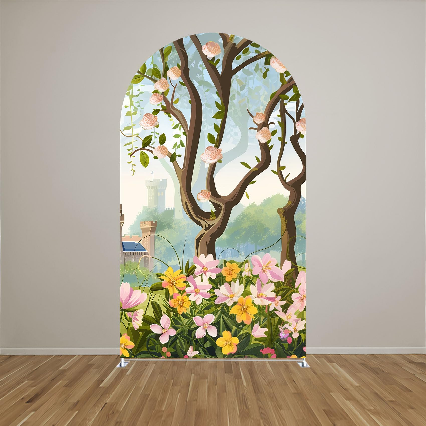 Fairy Tale Castle and Enchanted Garden Arched Backdrop Cover Double-Sided Fantasy Castle and Garden Design for Princess Birthday Party Decoration