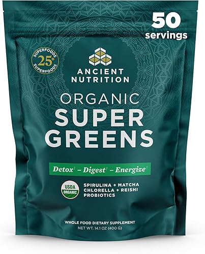 Ancient Nutrition Super Greens - Polvo de superalimento orgánico con probióticos hecho con espirulina, clorella, matcha y enzimas digestivas, 50