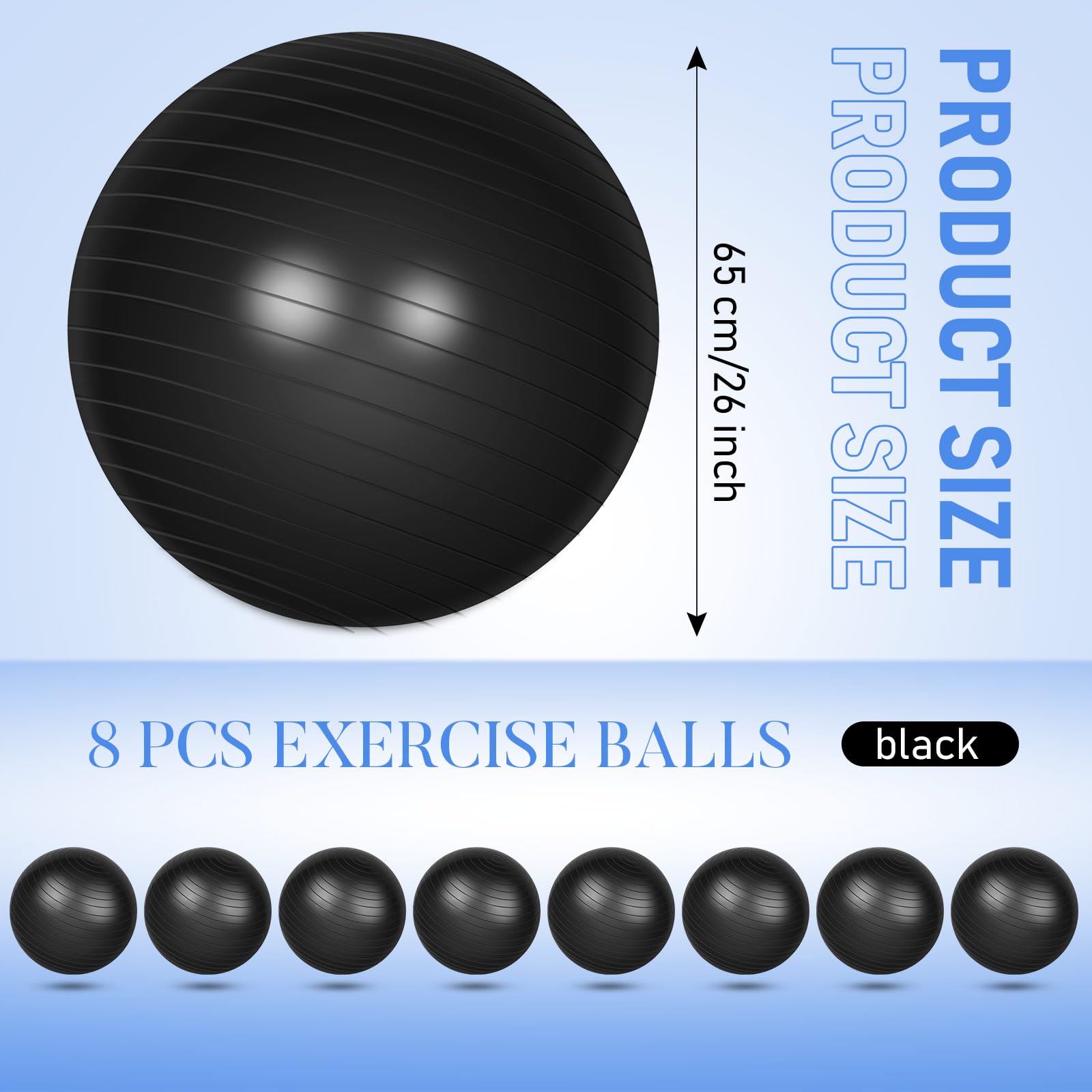 Leyndo 8 pelotas de ejercicio de yoga negras a granel de 66 cm con equipo inflable, pelota de pilates con bomba rápida antiexplosión para embarazo, parto y fitness, postura mejorada, equilibrio, yoga