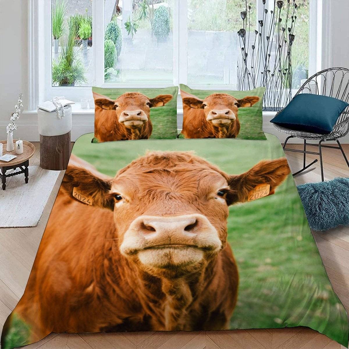 RFFLUX 3D Cow King size Bedding Sets 3 Pieces 220x230 Ultra Soft Microfiber Farm Animals Cattle Duvet Cover with Zipper Closure Easy Care Quilt Cover with 2 Pillowcase for Adults Room Decor