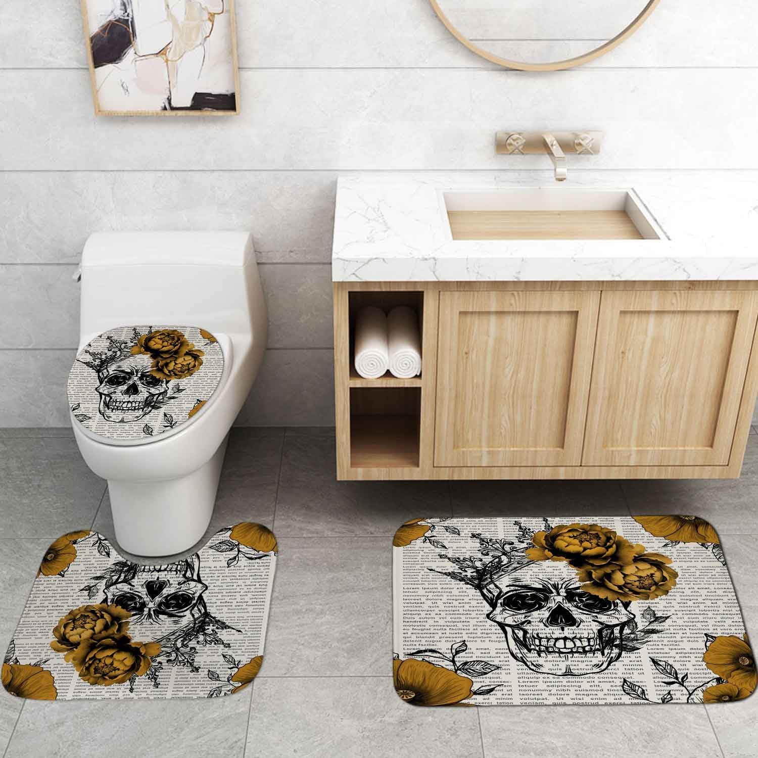4PCS Sugar Skull Shower Curtain Sets with Rugs, Waterproof Fabric Shower Curtain, Gothic Spooky Skeleton Crown Vintage Newspaper Yellow Peony Floral Black Plant Goth Halloween Bathroom Decor