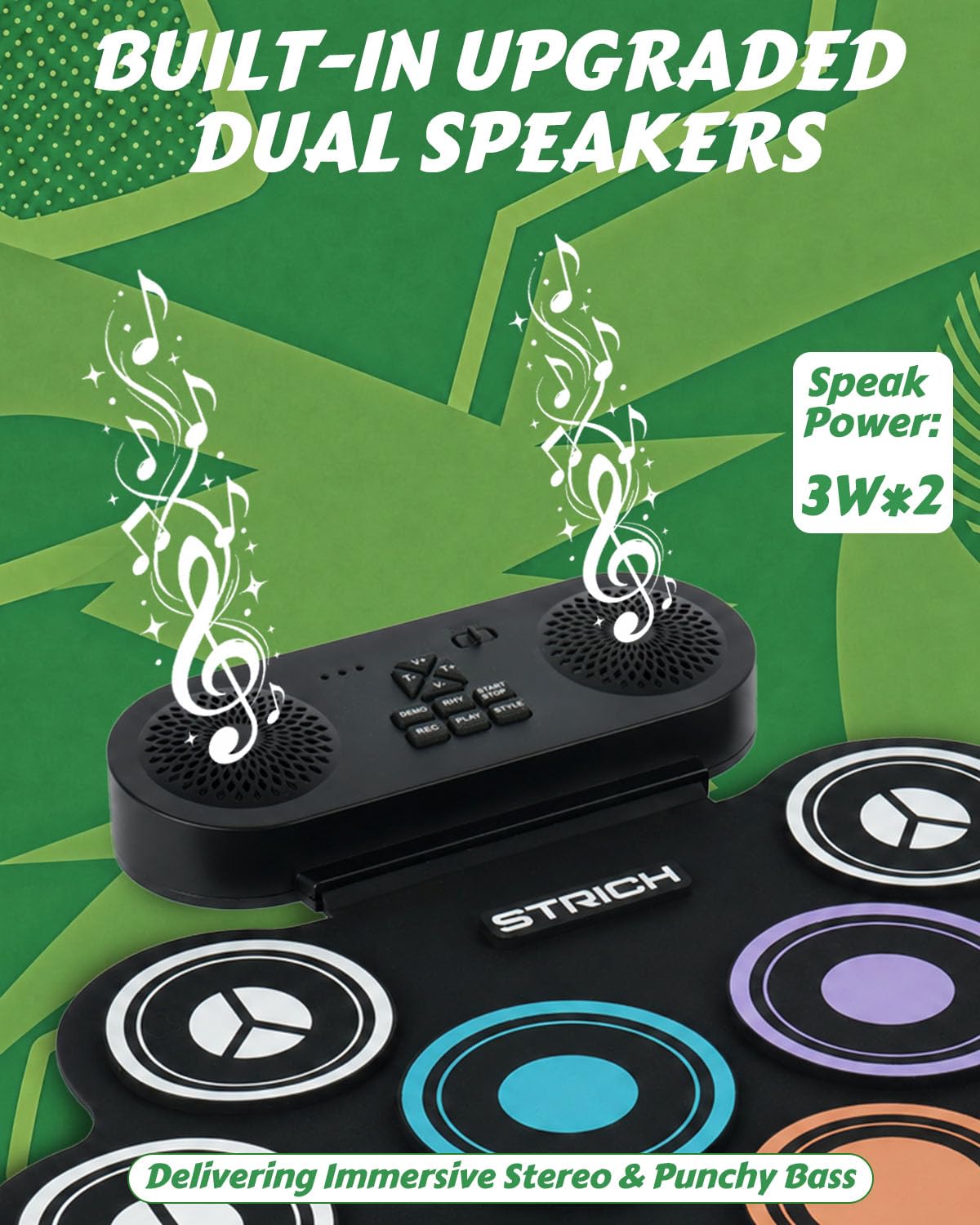 STRICH Set de Batería Electrónica, Almohadilla de Práctica de Batería Enrollable de 9 Pads, Pad de Batería Eléctrica Portátil con Altavoz Integrado, Pedales y Baquetas, 10 Horas de Uso (SED-K10)