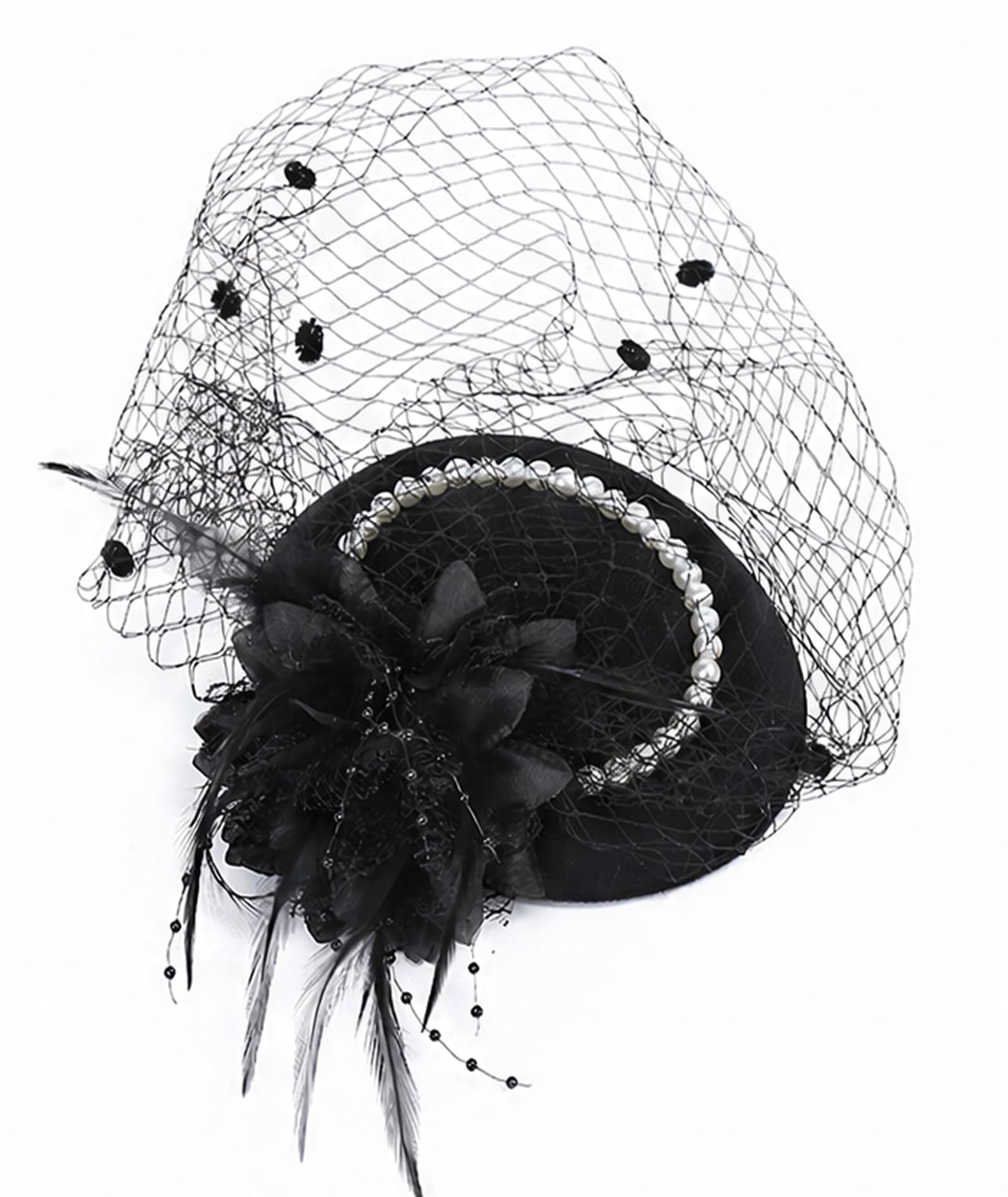 Fascinator Hats for Woman, Vintage Lace Mesh Feather Headband, Elegant Veil Hair Clip, Stylish Ladies Headwear for Wedding, Tea Party, Church and Formal Occasions Black-image-5