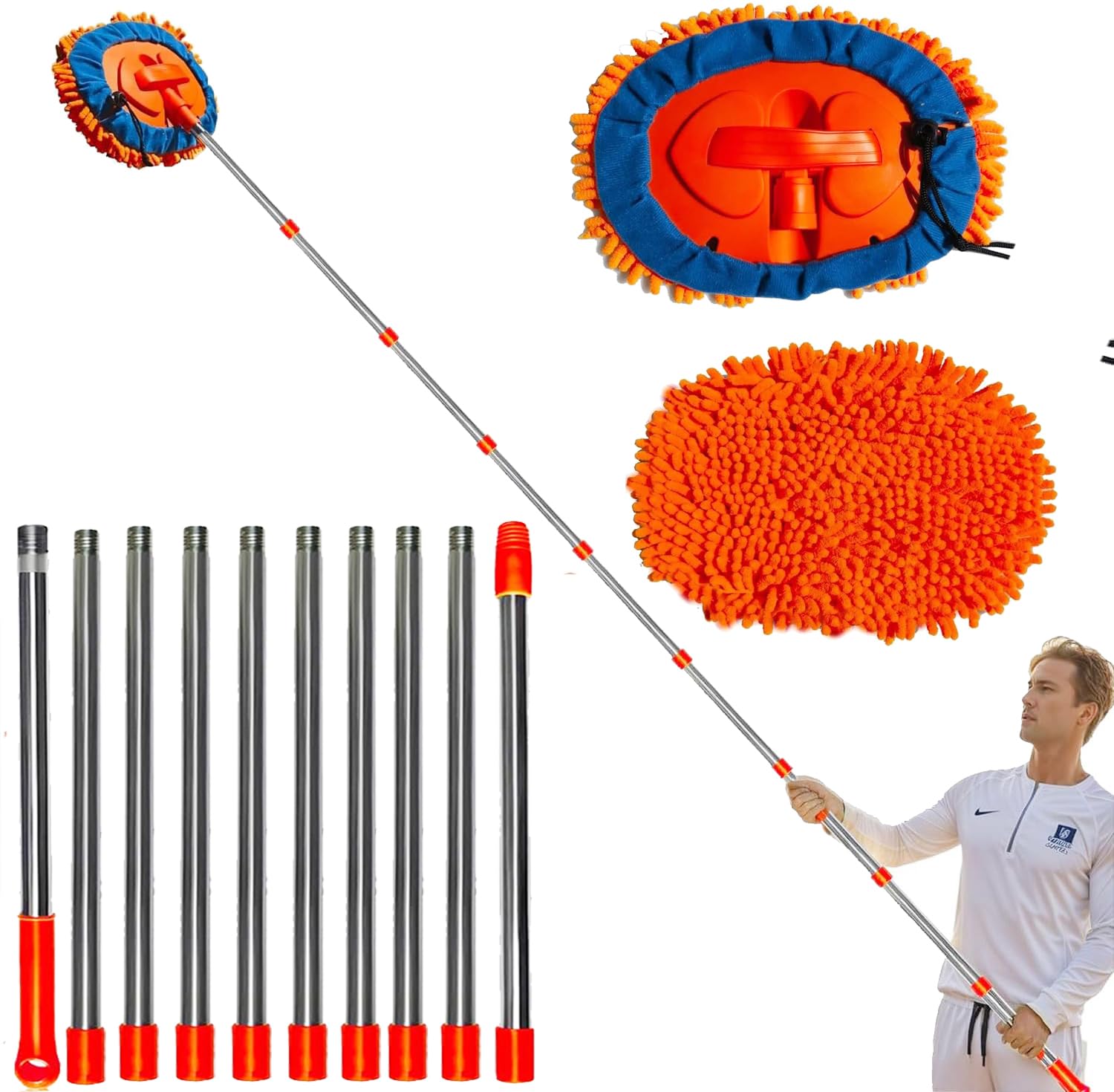 20 Feet High Reach Wall Duster - Chenille Microfiber Cleaning Head Wall Mop with 3-14 ft Spliceable Pole | Wall Cleaner for Roof Car Home Walls and High Ceilings | Washable Cleaning Cloth